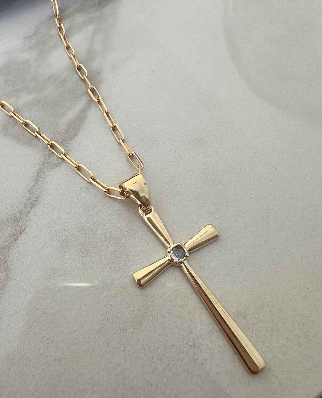 18k Gold Filled CZ Stone Large Cross Paperclip Chain Necklace