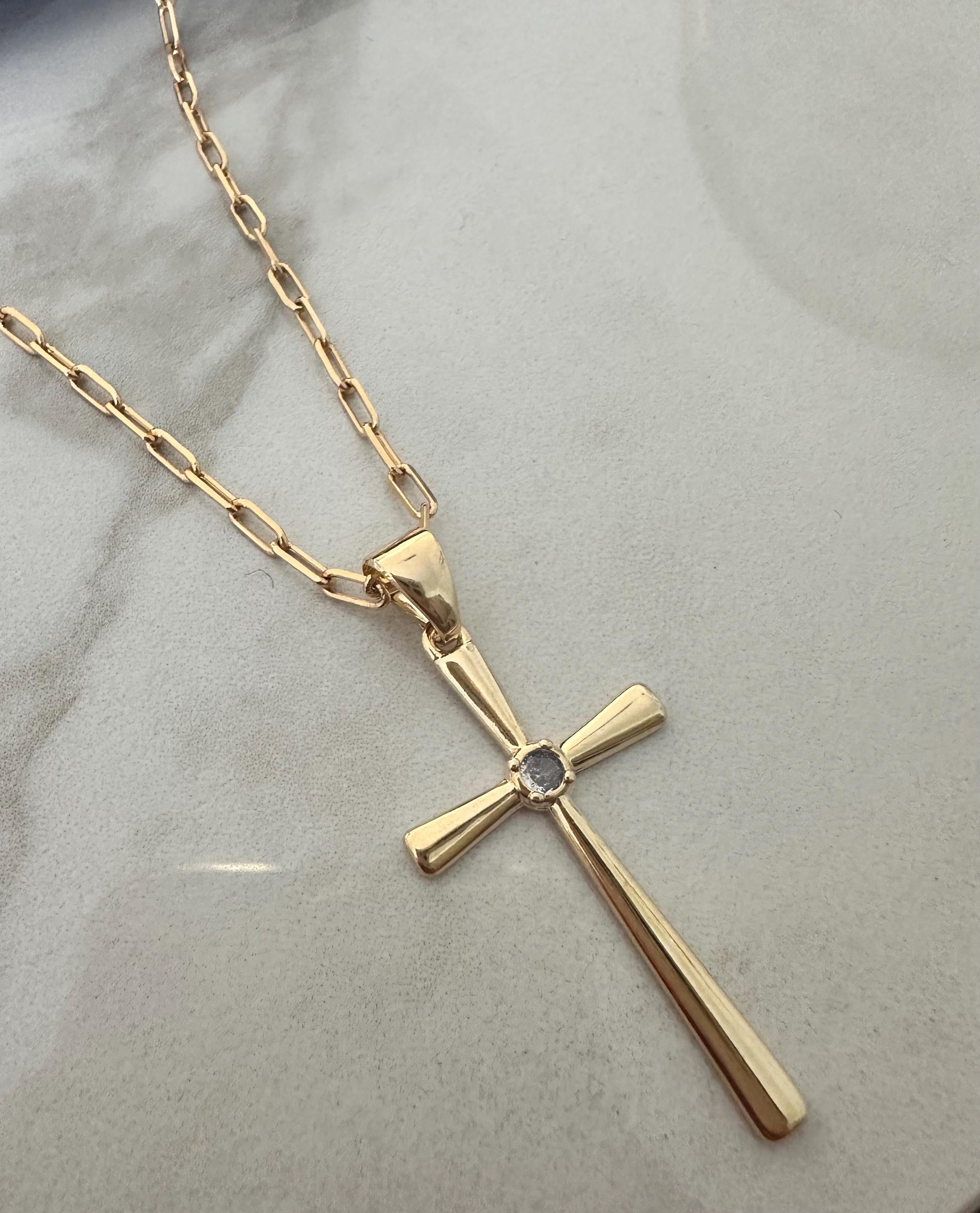 18k Gold Filled CZ Stone Large Cross Paperclip Chain Necklace