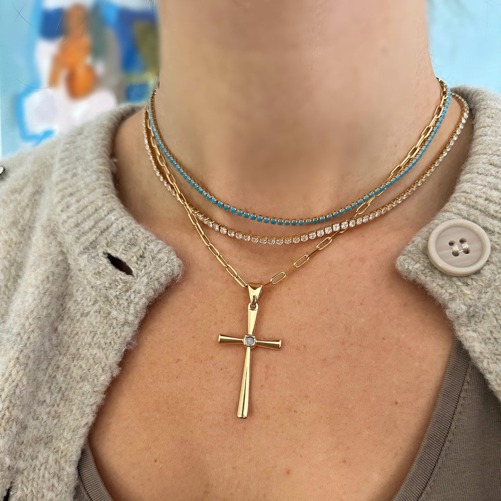 18k Gold Filled CZ Stone Large Cross Paperclip Chain Necklace