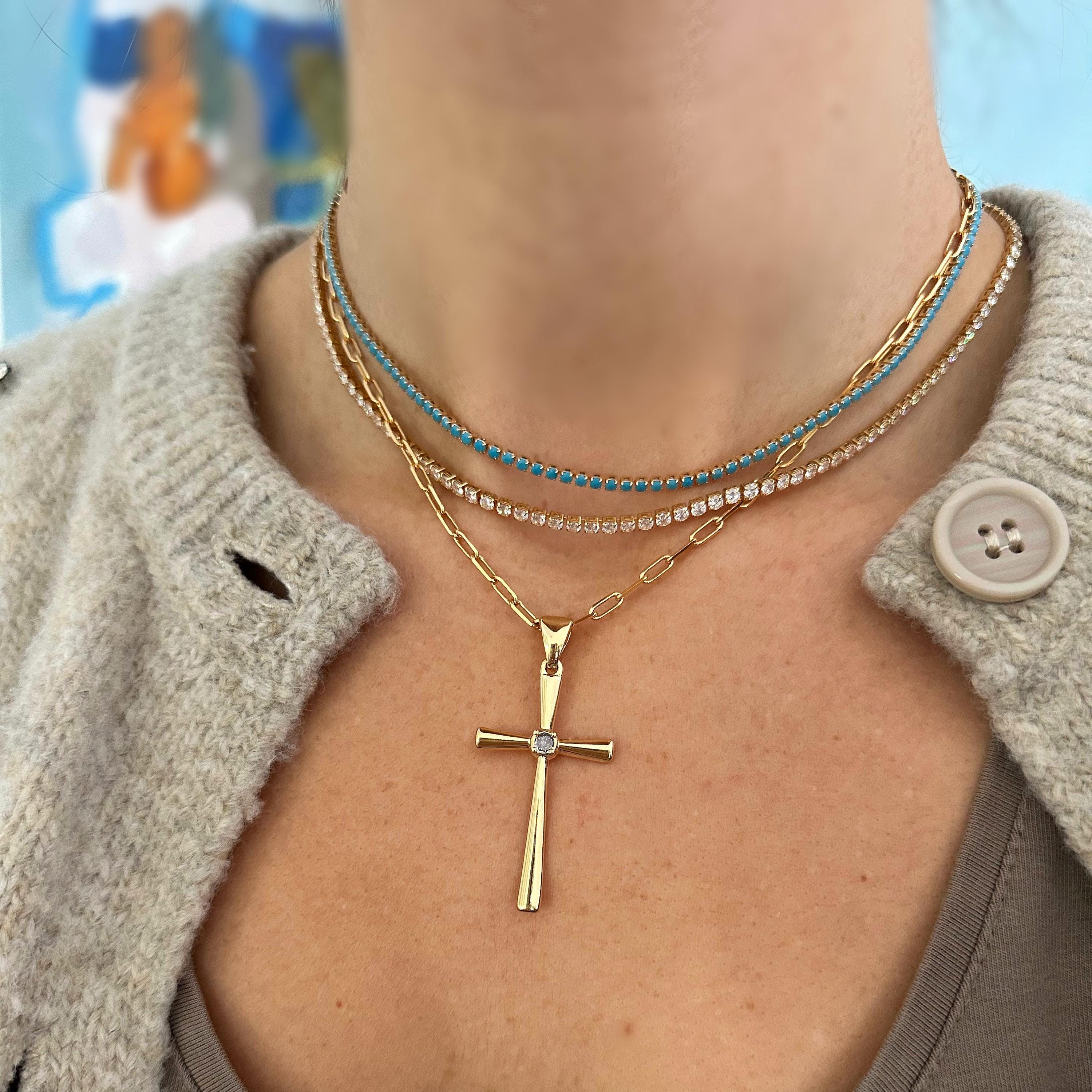 18k Gold Filled CZ Stone Large Cross Paperclip Chain Necklace