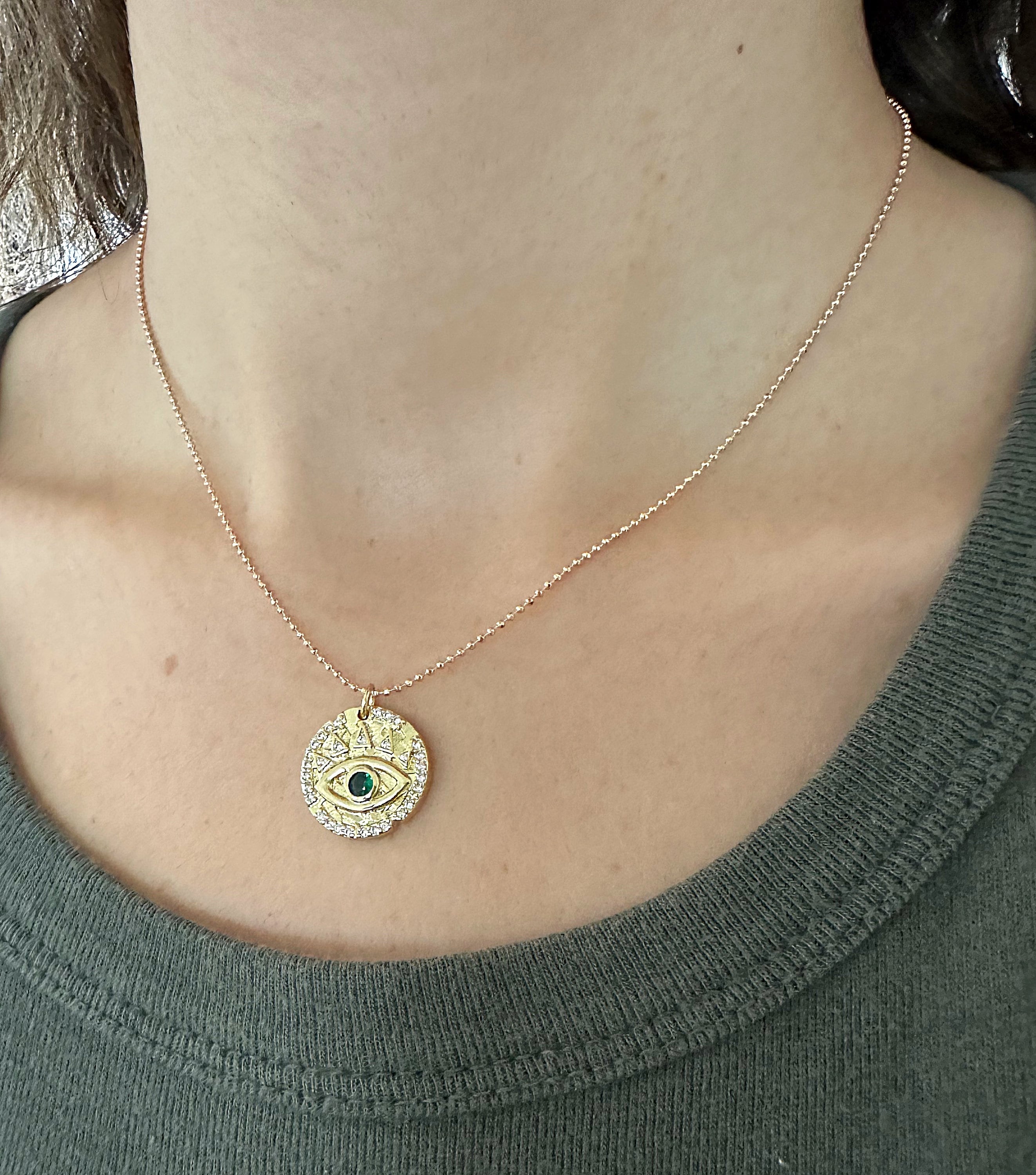18k Gold Filled Green Evil Eye Coin Pendant Necklace