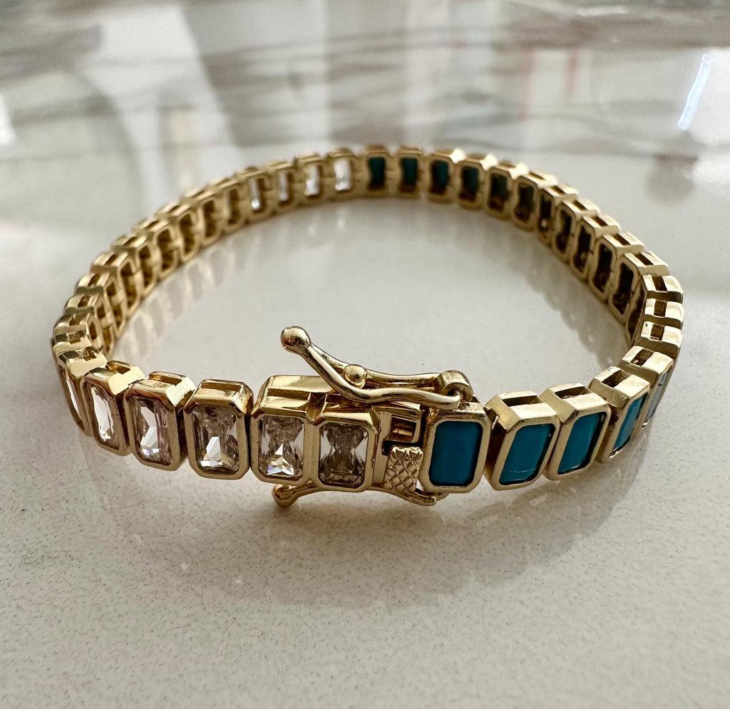 18k Gold Filled Turquoise CZ Tennis Bracelet: Emerald Cut