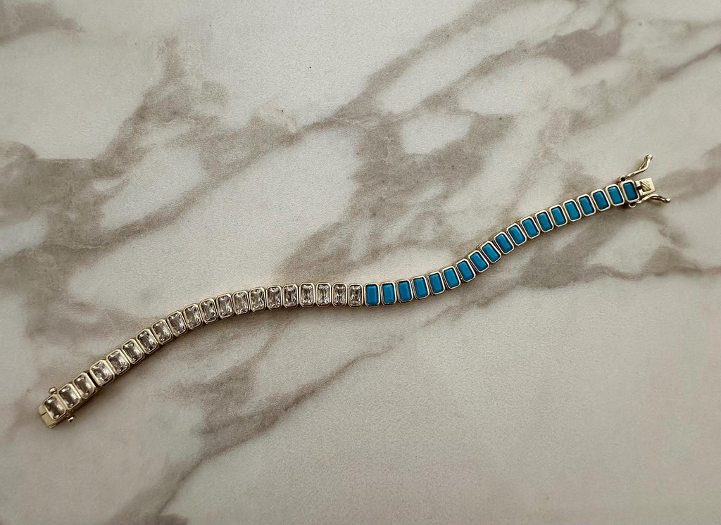 18k Gold Filled Turquoise CZ Tennis Bracelet: Emerald Cut