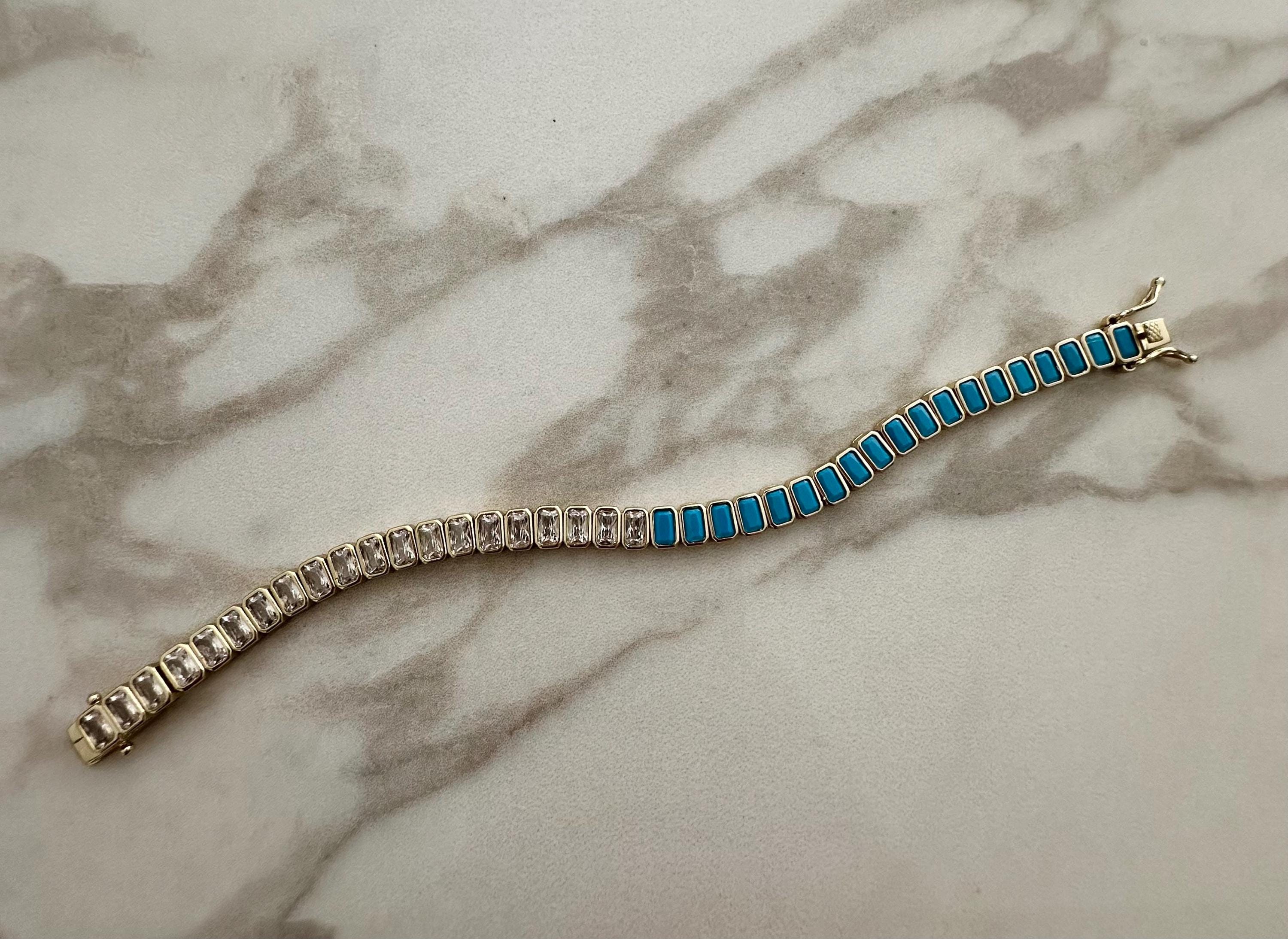 18k Gold Filled Turquoise CZ Tennis Bracelet: Emerald Cut