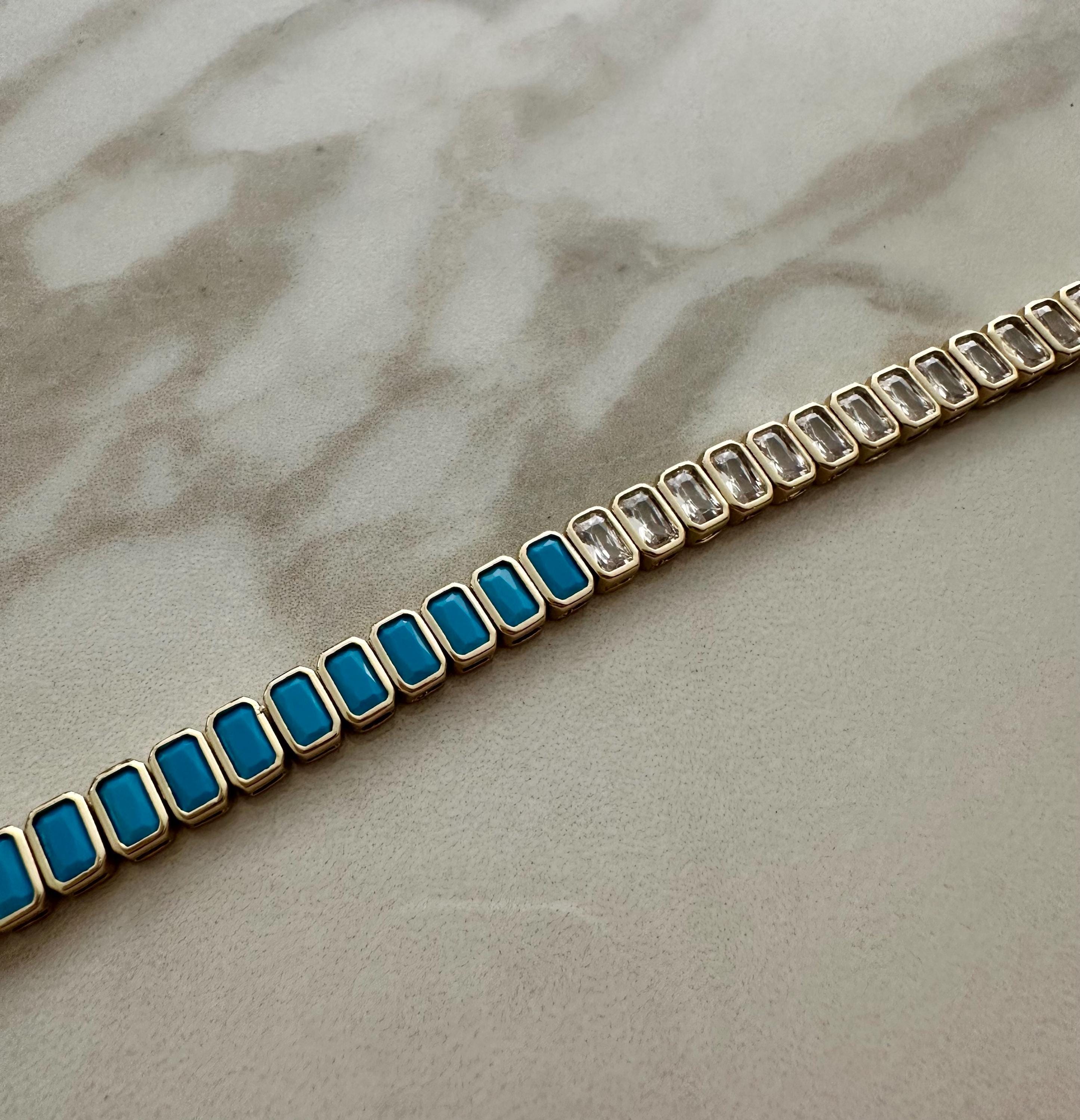 18k Gold Filled Turquoise CZ Tennis Bracelet: Emerald Cut
