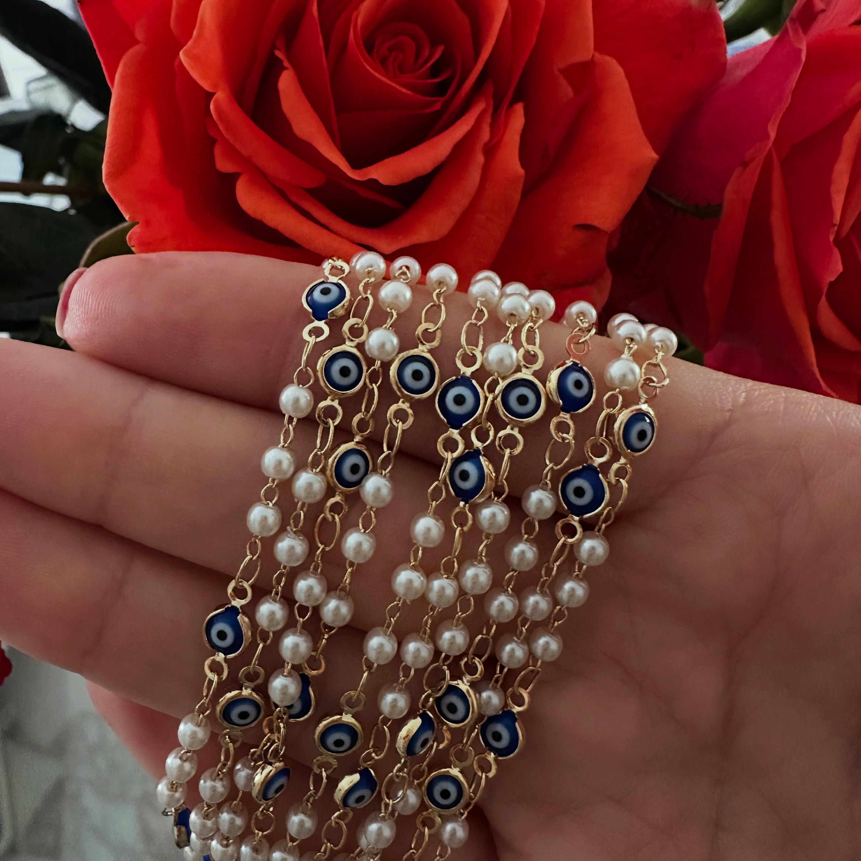 Navy Blue Evil Eye Necklace: 18k Rhodium White Gold Filled Chain and Pearl