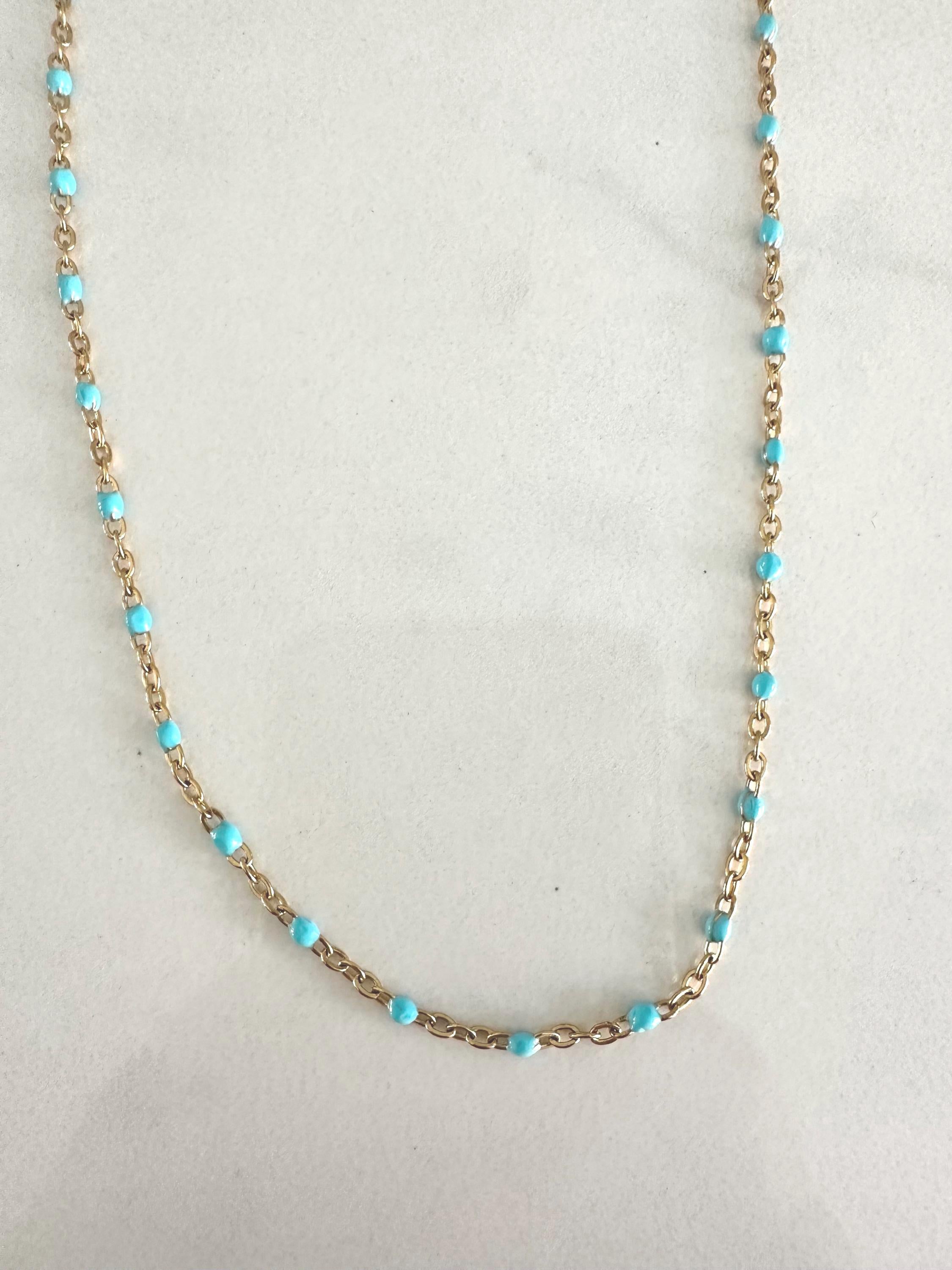 Turquoise Enamel and Gold Dainty Chain Necklace: Layering Necklace