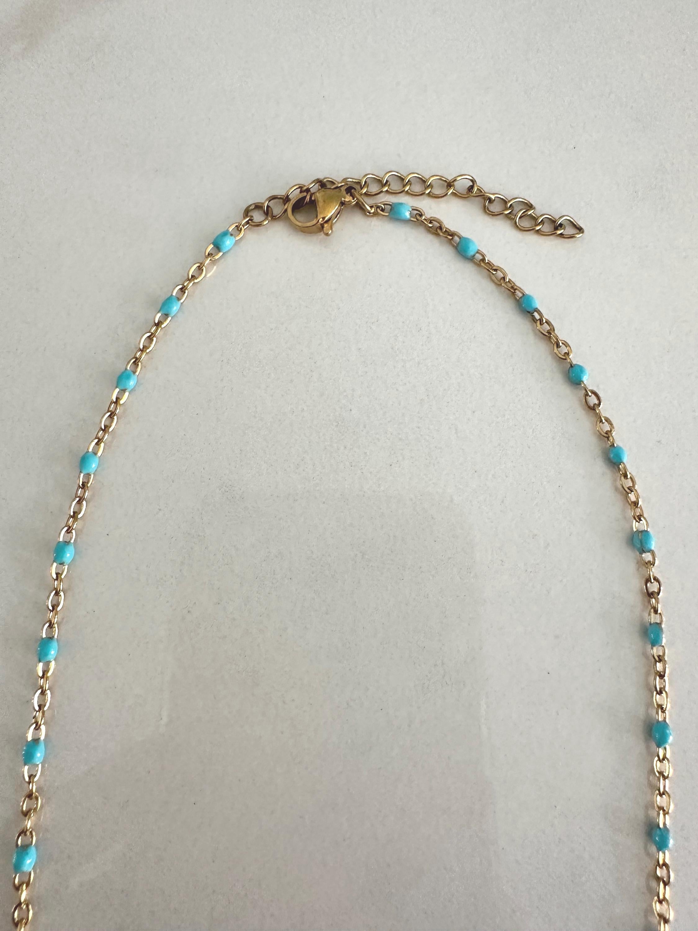 Turquoise Enamel and Gold Dainty Chain Necklace: Layering Necklace