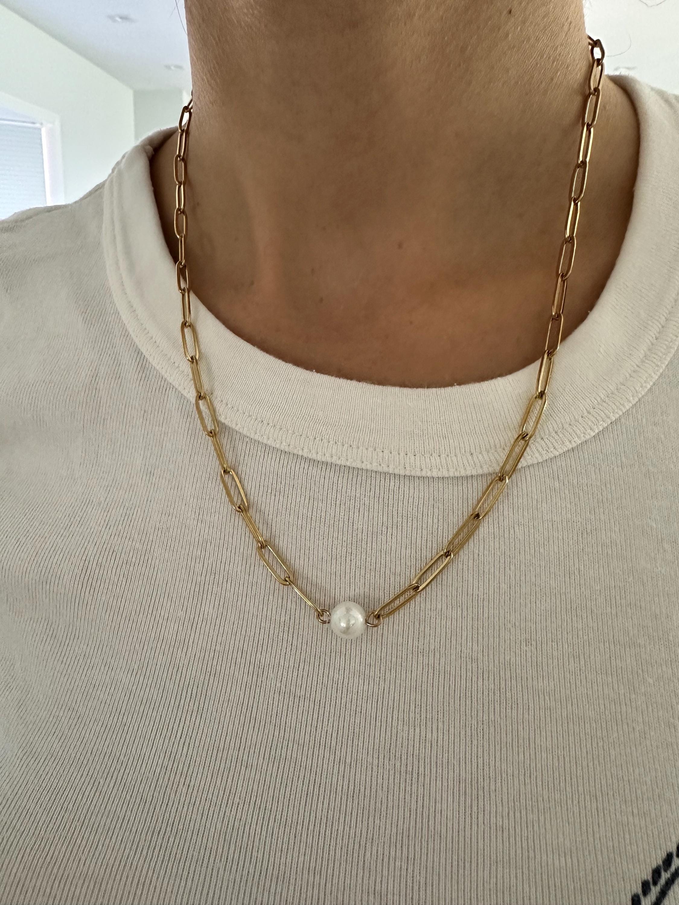 Pearl and Gold Paperclip Chain Necklace