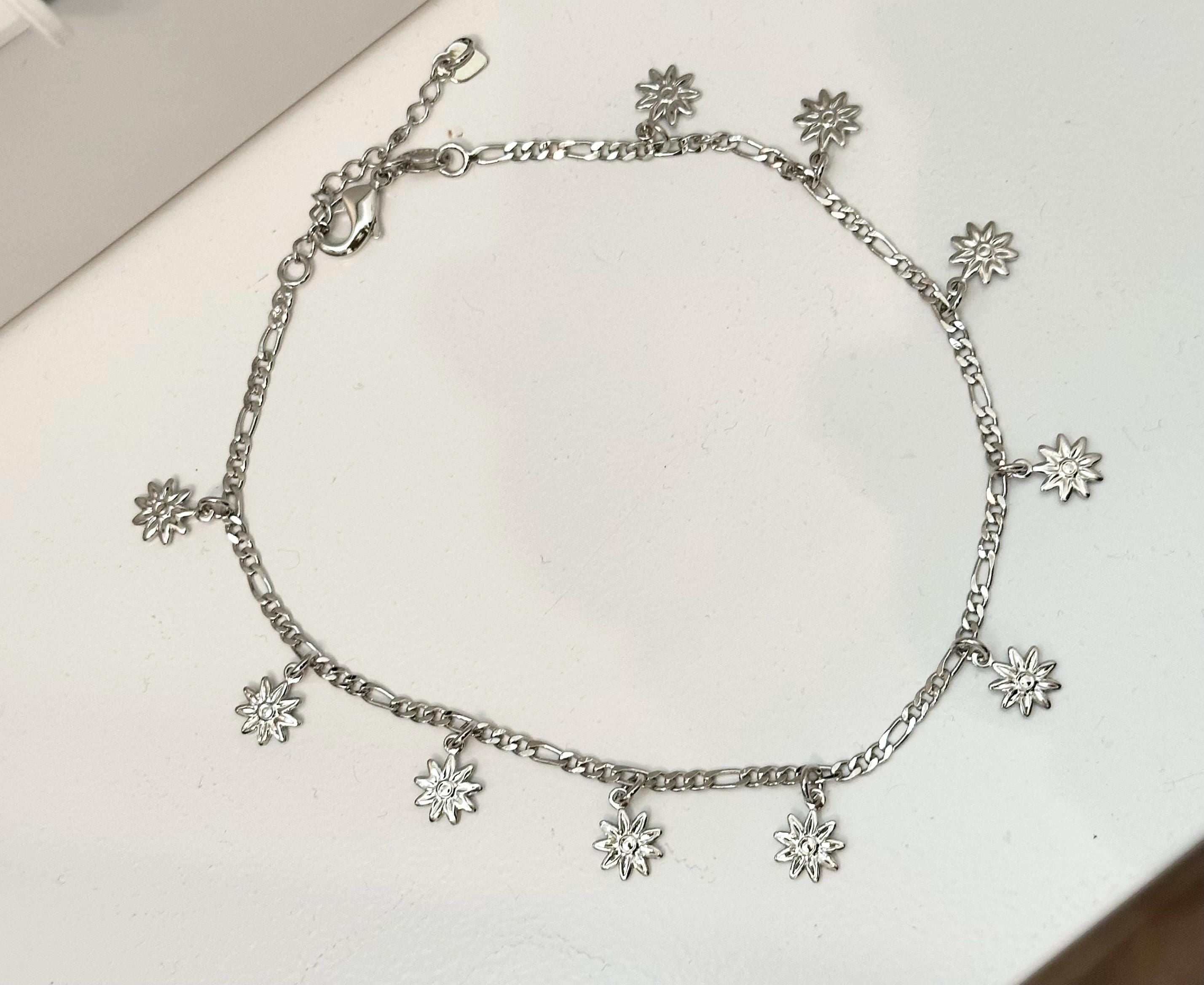18k Rhodium Gold Filled Daisy Anklet: Figaro Chain Summer Jewelry
