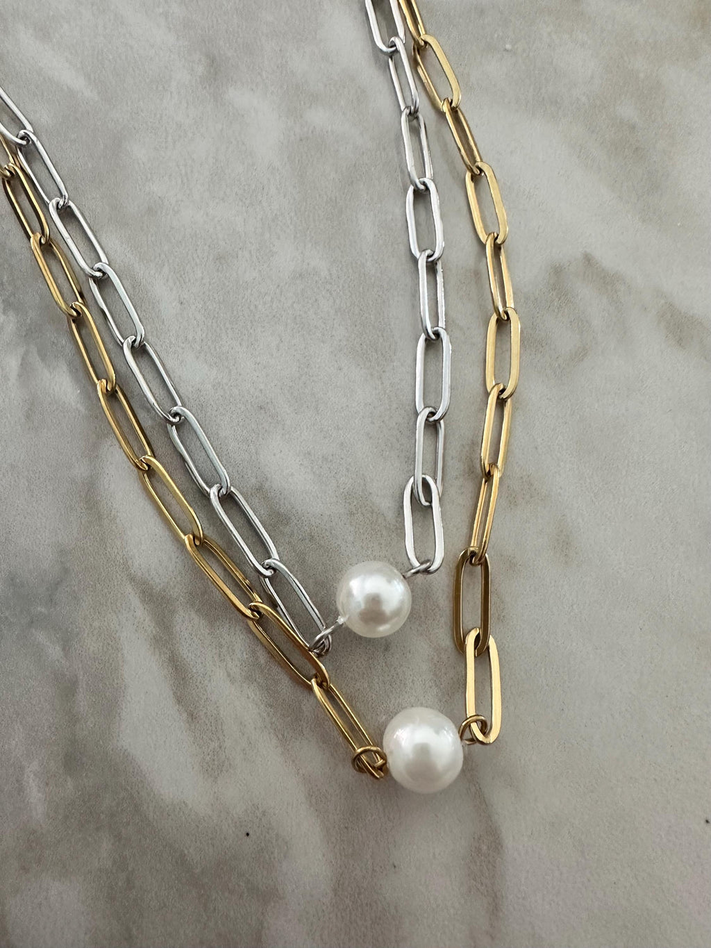 Pearl and Gold Paperclip Chain Necklace