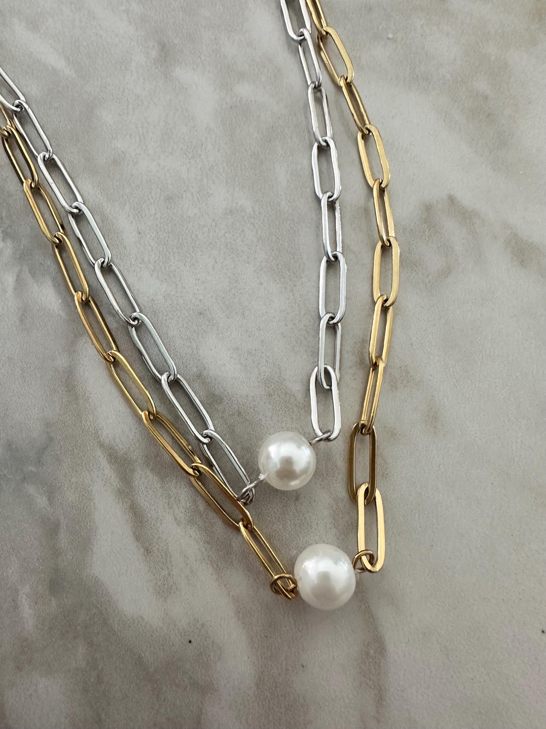 Pearl and Gold Paperclip Chain Necklace
