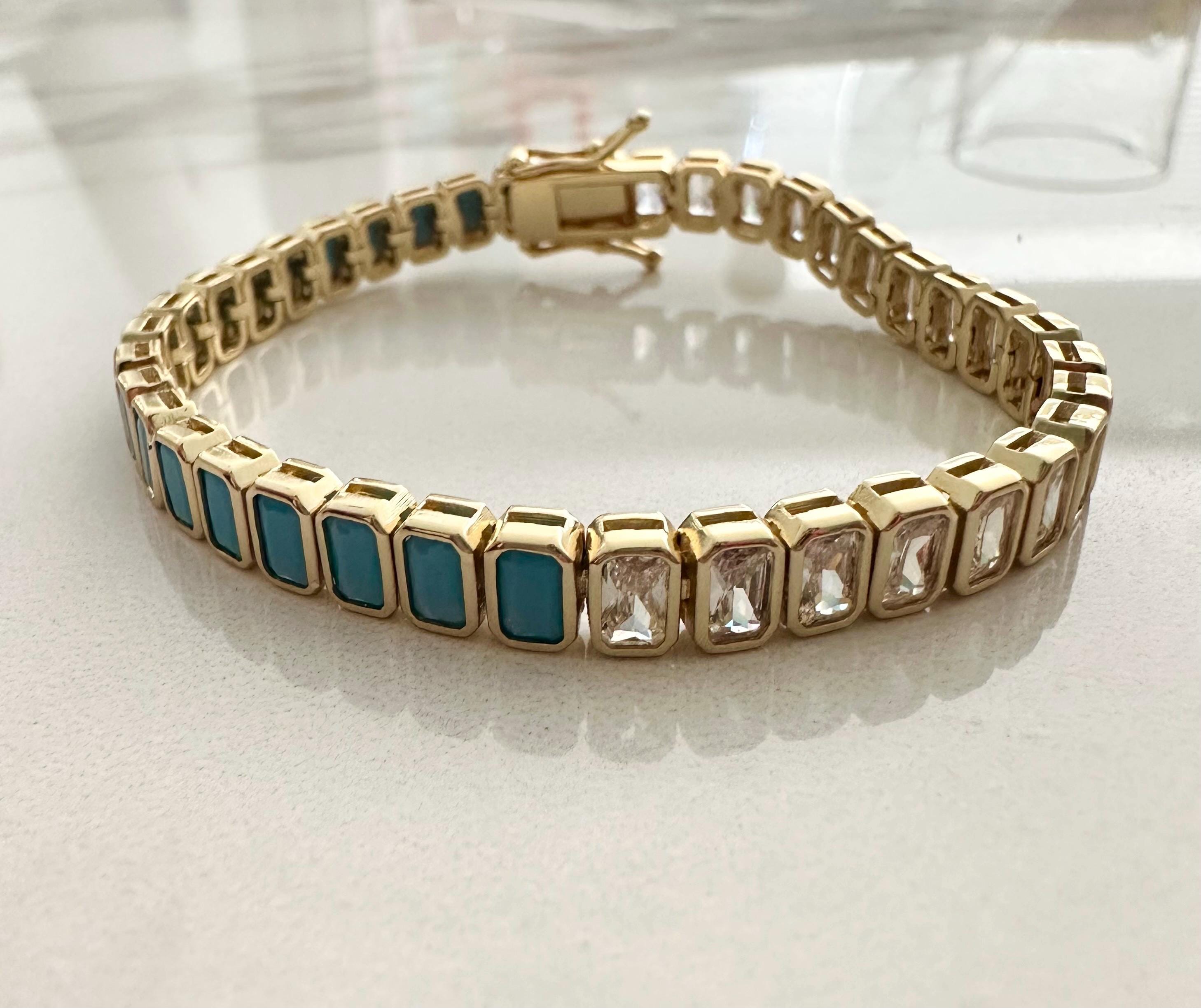18k Gold Filled Turquoise CZ Tennis Bracelet: Emerald Cut