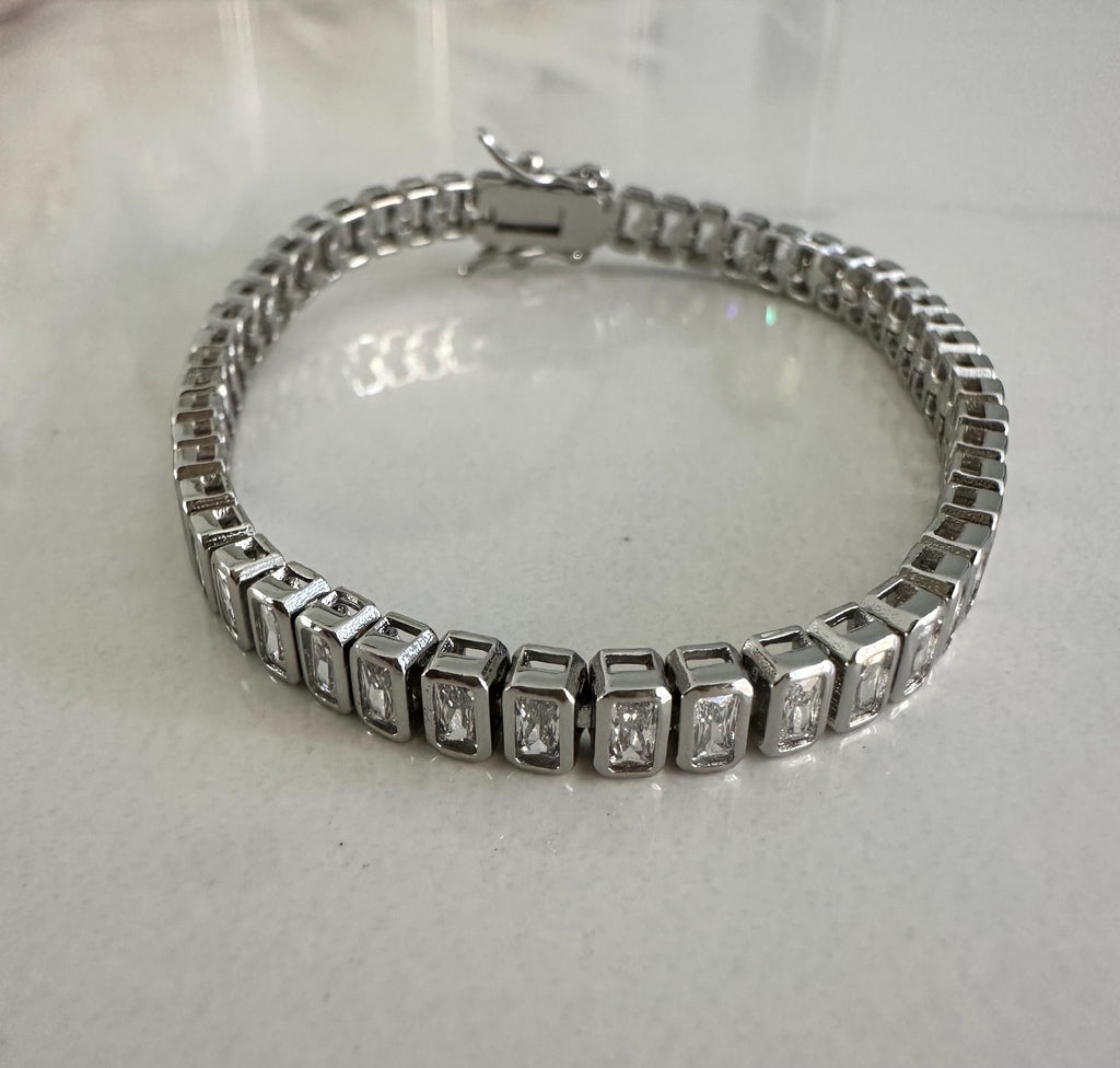 18k White Gold Filled CZ Emerald Cut Tennis Bracelet, Gift for her