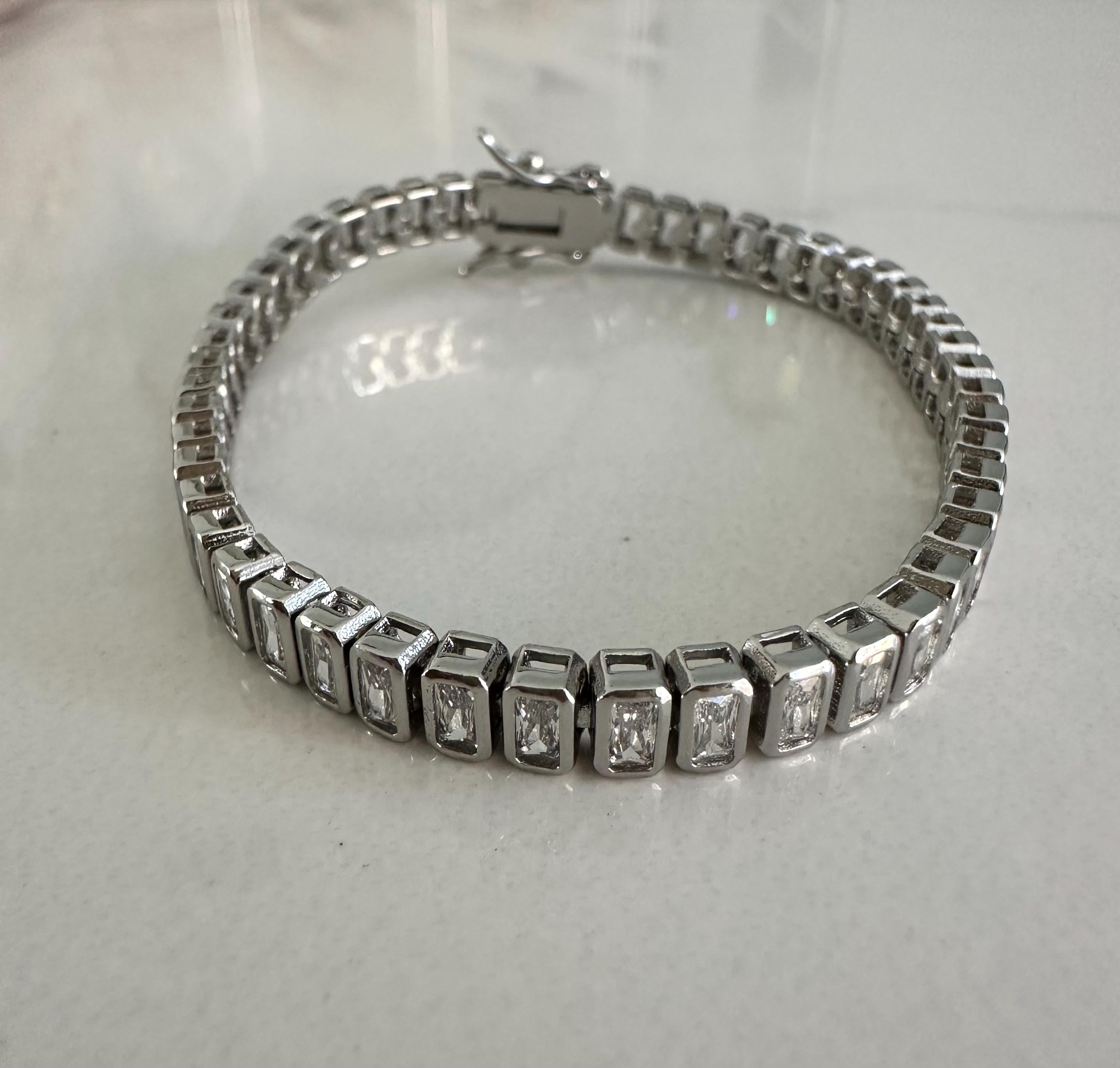 18k White Gold Filled CZ Emerald Cut Tennis Bracelet, Gift for her