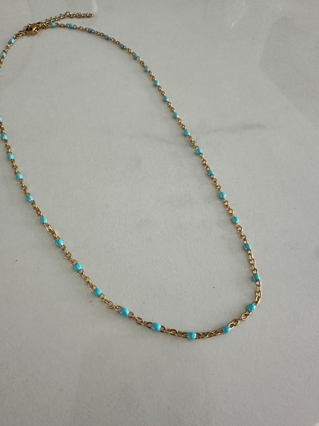 Turquoise Enamel and Gold Dainty Chain Necklace: Layering Necklace