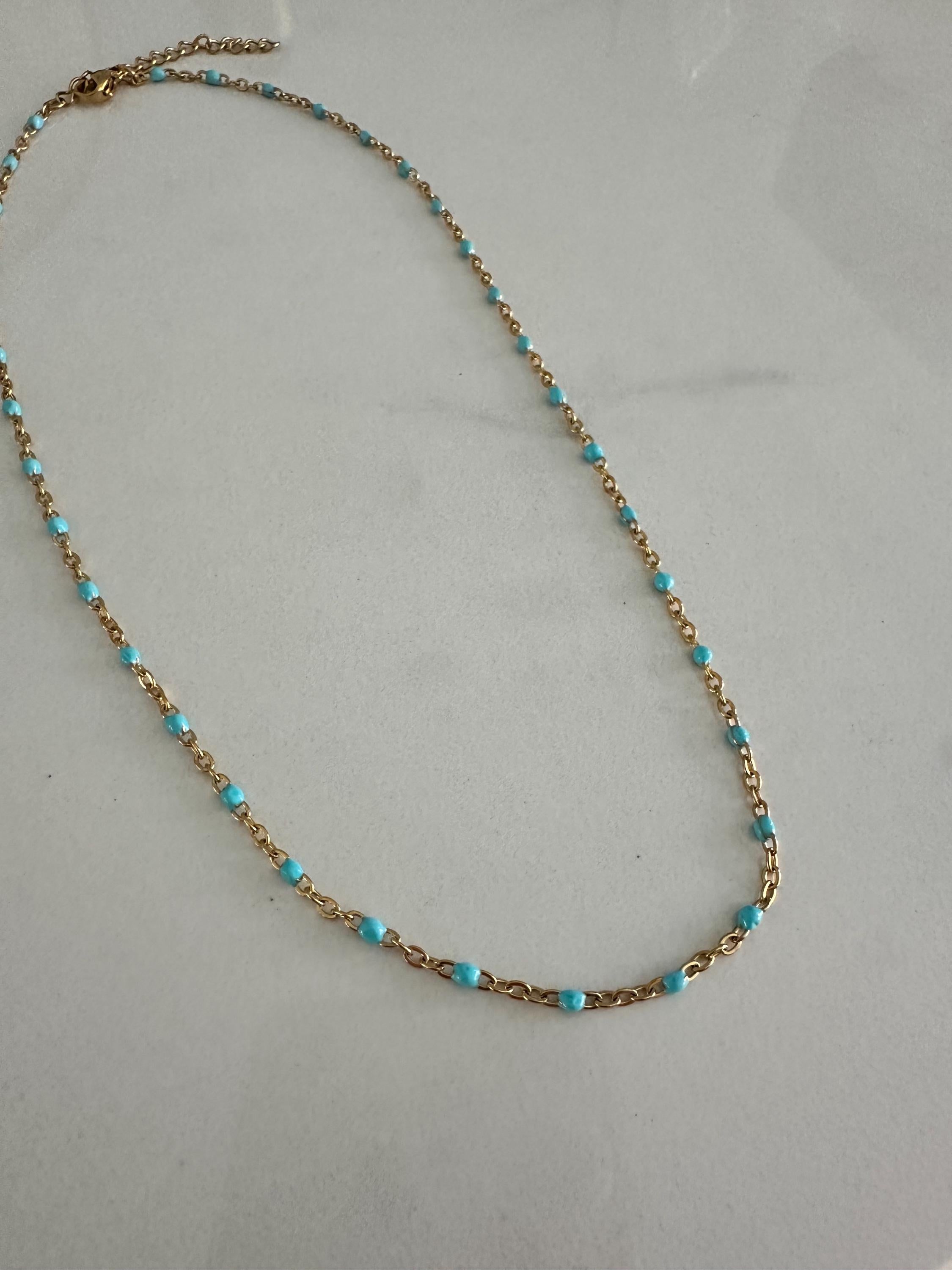 Turquoise Enamel and Gold Dainty Chain Necklace: Layering Necklace