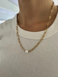 Pearl and Gold Paperclip Chain Necklace
