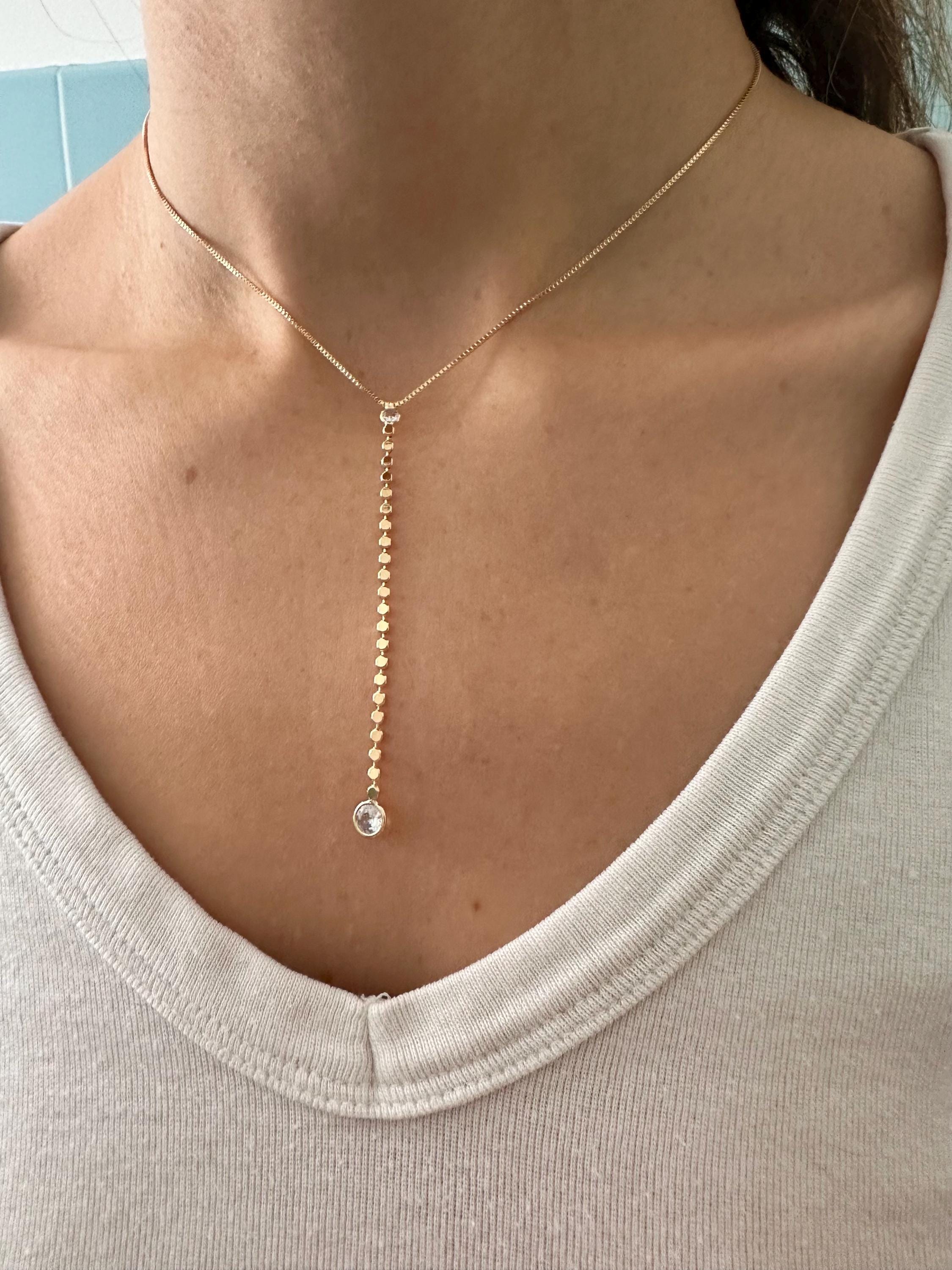 18k Gold Filled Clear CZ Lariat Drop Necklace-Statement Necklace, Layering Necklace, Y Necklace