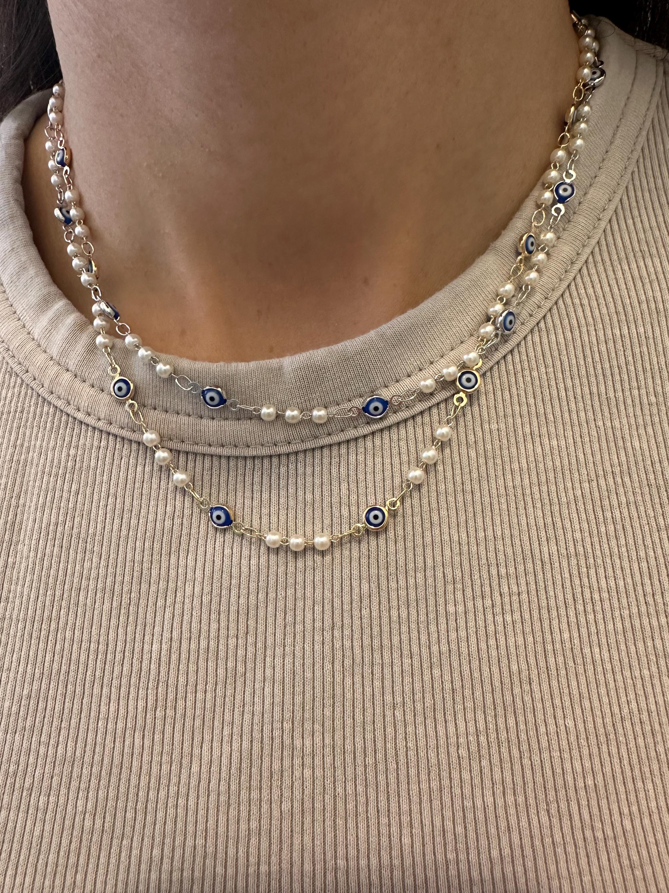 Navy Blue Evil Eye Necklace: 18k Rhodium White Gold Filled Chain and Pearl