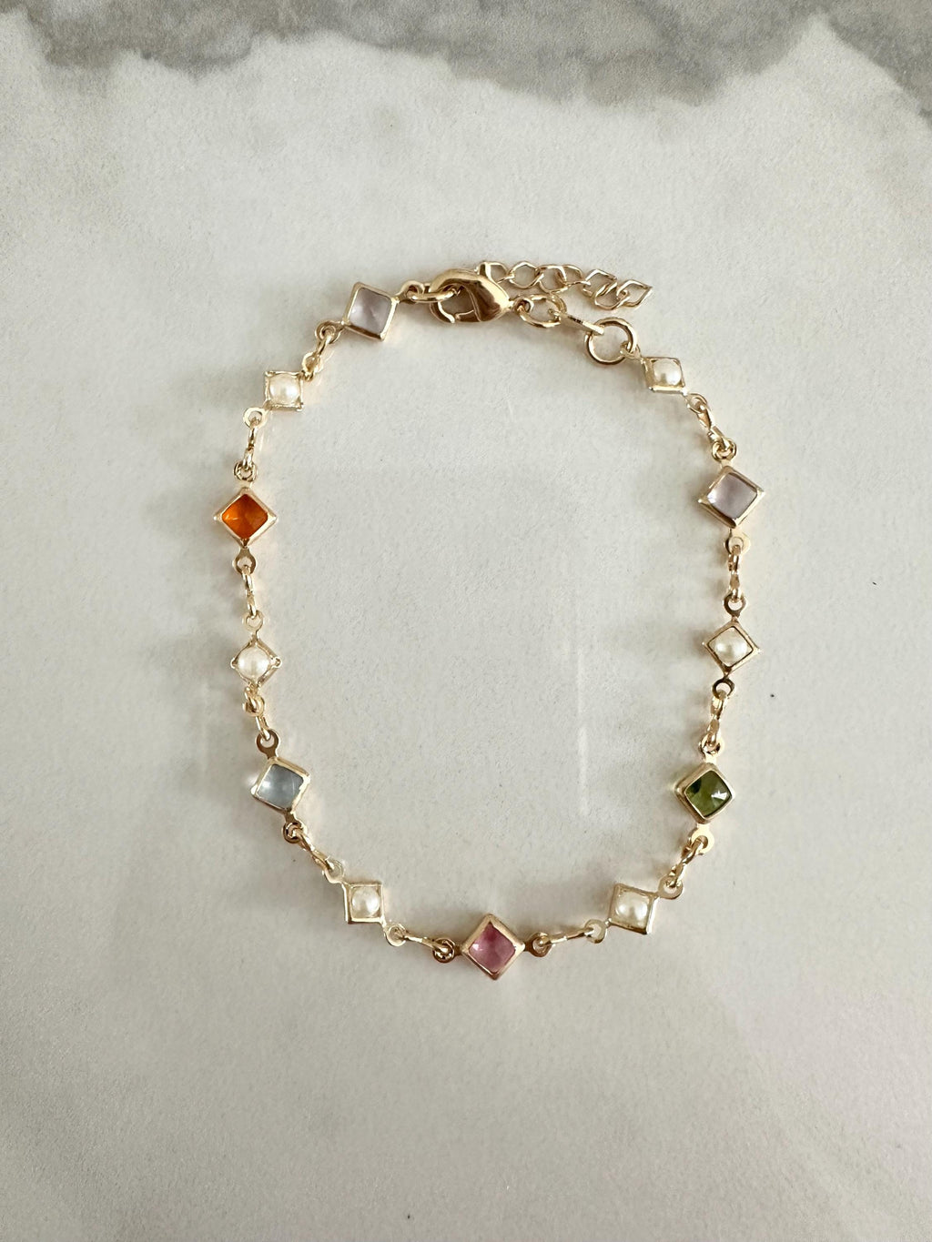 18k gold filled Multicolored Stone and Pearl Chain Bracelet, Dainty Bracelet