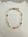 18k gold filled Multicolored Stone and Pearl Chain Bracelet, Dainty Bracelet