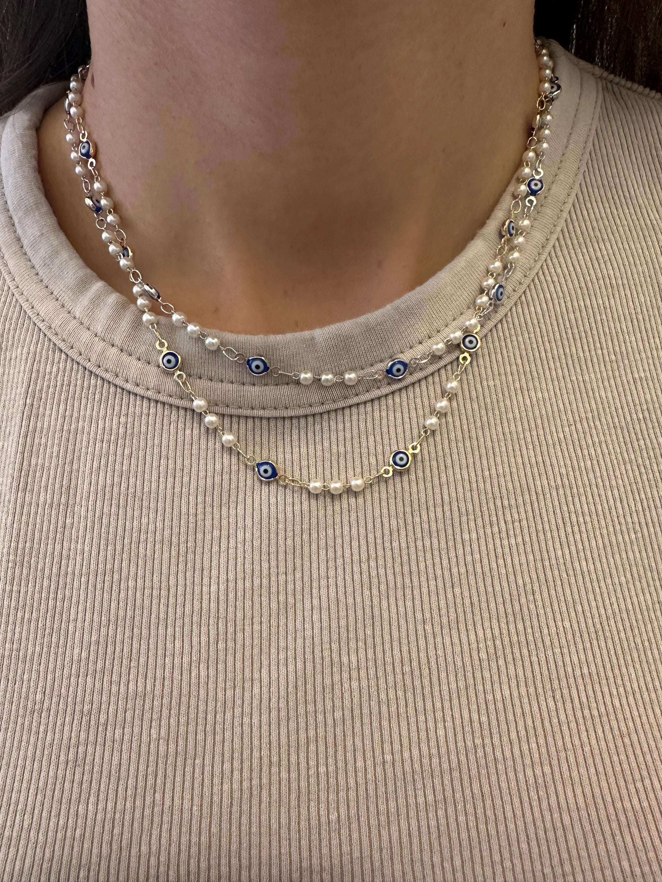 Navy Blue Evil Eye Necklace: 18k Rhodium White Gold Filled Chain and Pearl