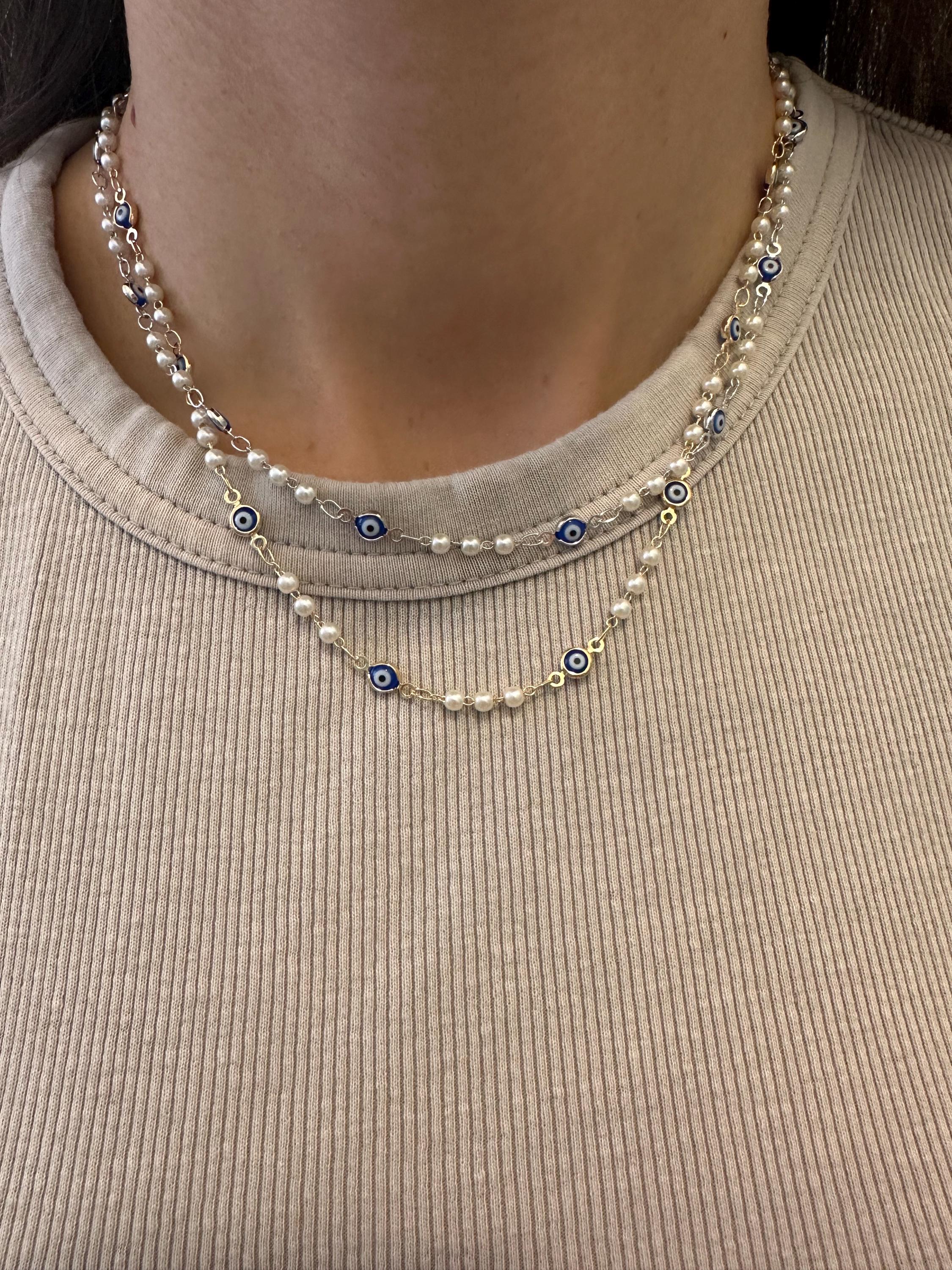 Navy Blue Evil Eye Necklace: 18k Gold Filled Chain and Pearl