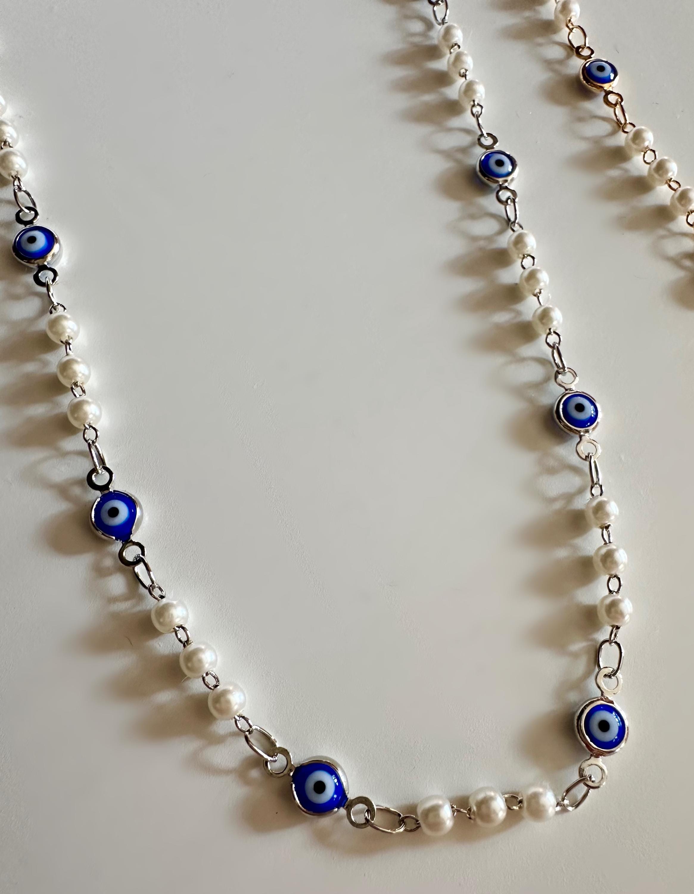 Navy Blue Evil Eye Necklace: 18k Rhodium White Gold Filled Chain and Pearl