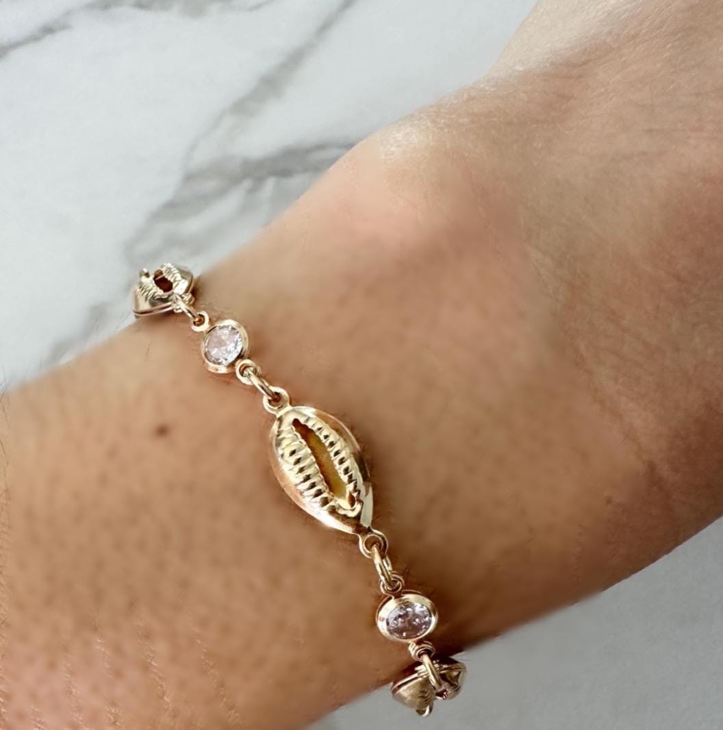 18k Gold Filled Cowrie Shell Bracelet: CZ Dainty Beach Jewelry