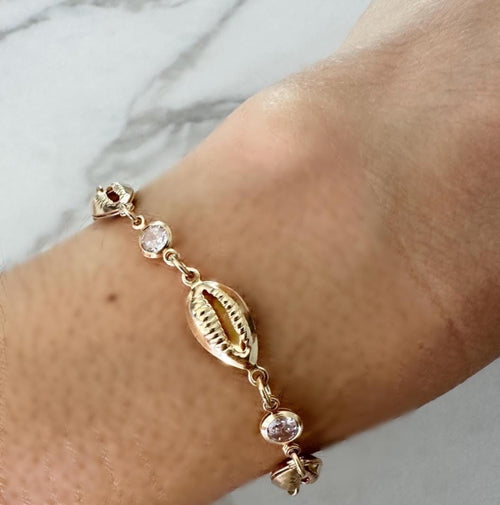 18k Gold Filled Cowrie Shell Bracelet: CZ Dainty Beach Jewelry