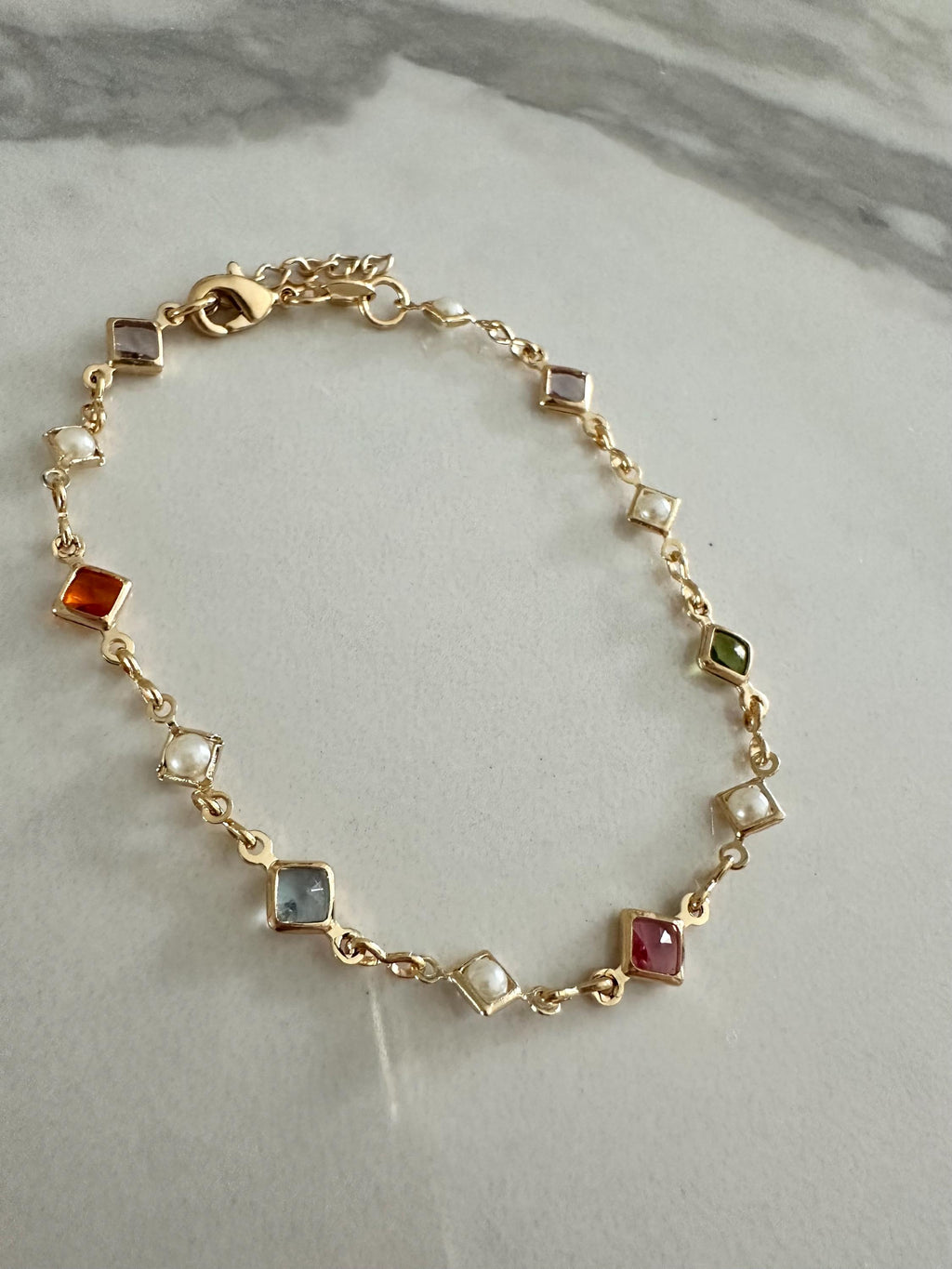 18k gold filled Multicolored Stone and Pearl Chain Bracelet, Dainty Bracelet