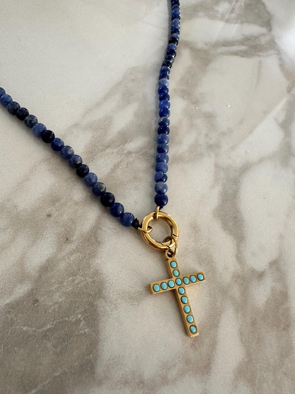 18k Gold Sodalite Beaded Necklace with Turquoise Cross