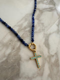 18k Gold Sodalite Beaded Necklace with Turquoise Cross