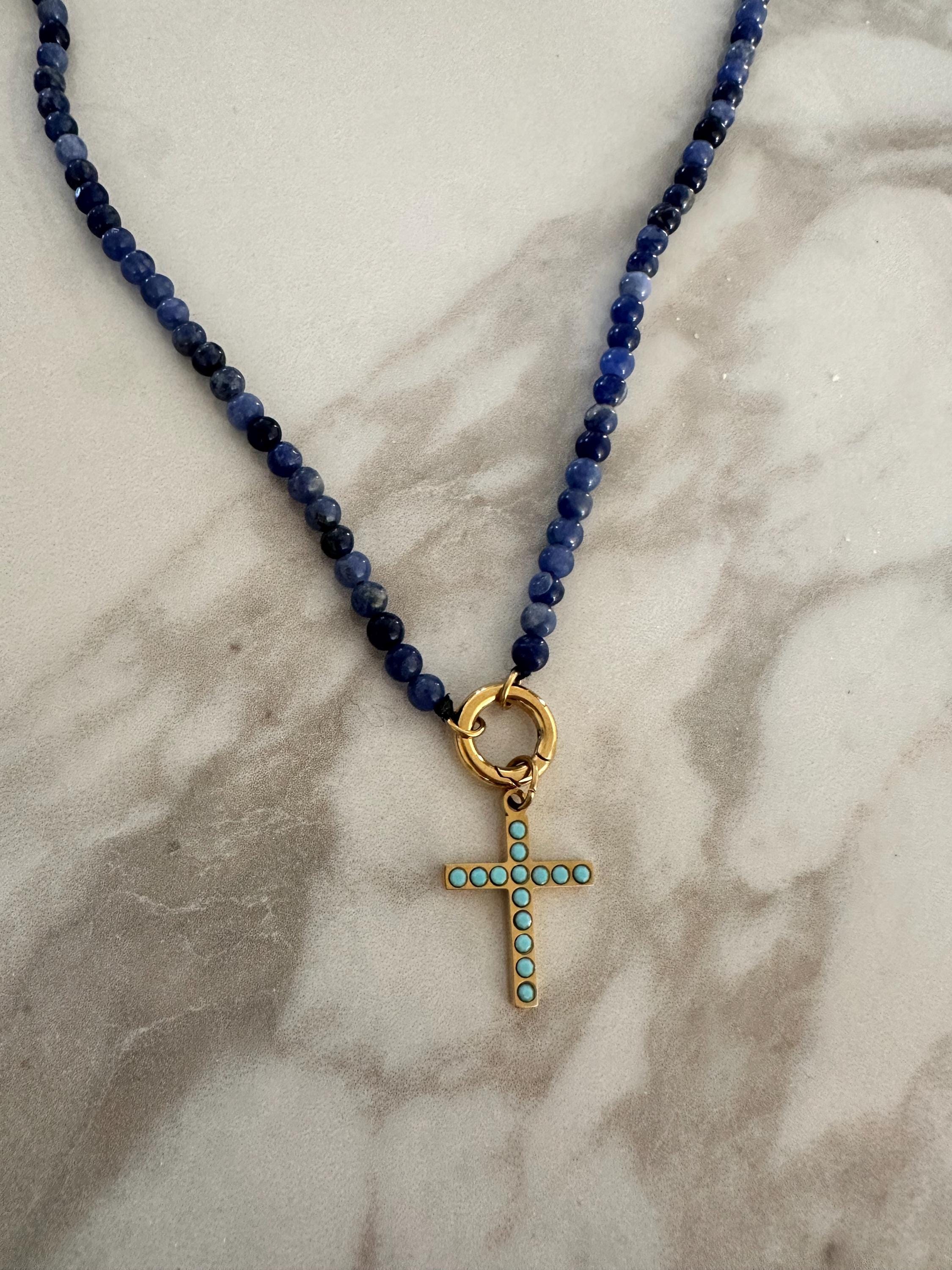 18k Gold Sodalite Beaded Necklace with Turquoise Cross