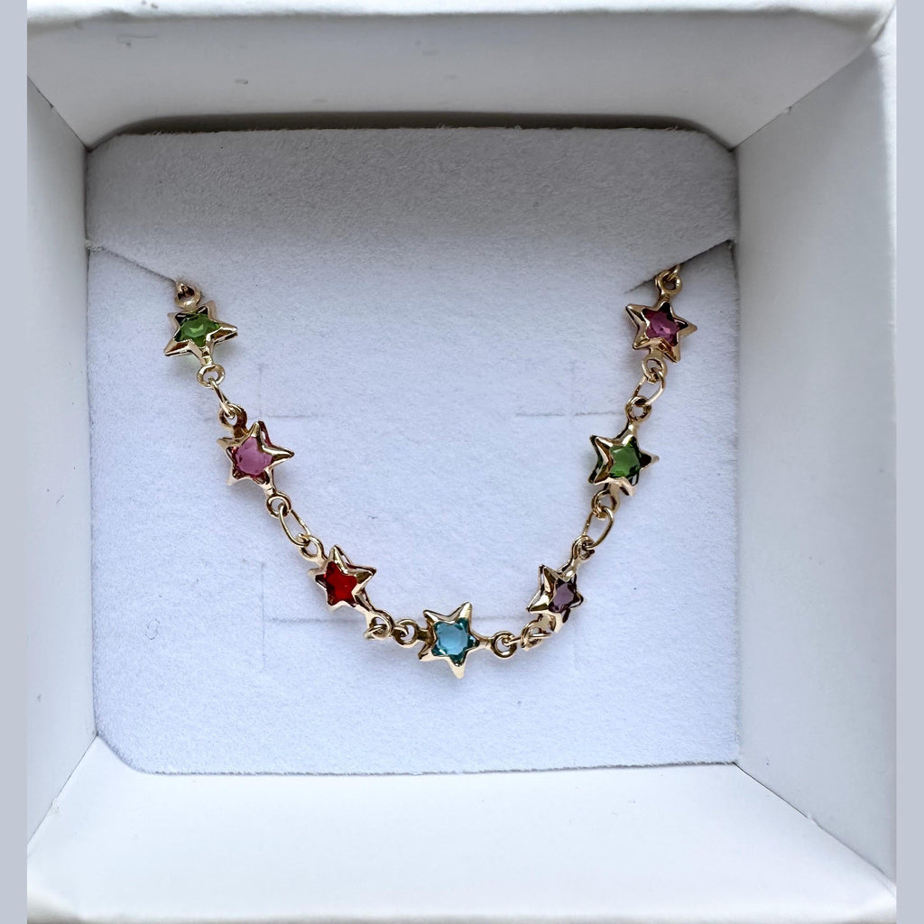 18k Gold Filled Star Bracelet: Multicolored Cubic Zirconia, Dainty Chain