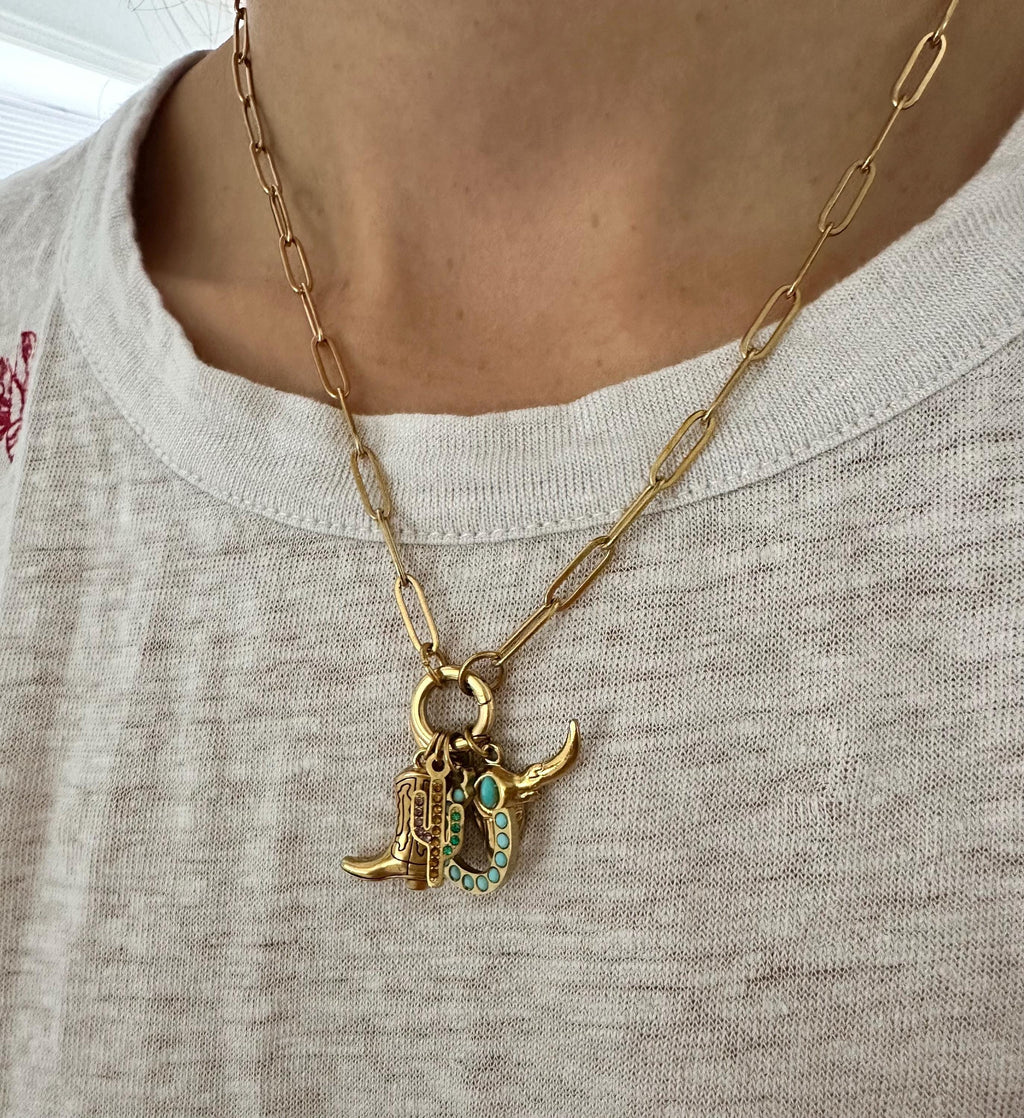 18k Gold Western Charms Paperclip Chain Necklace