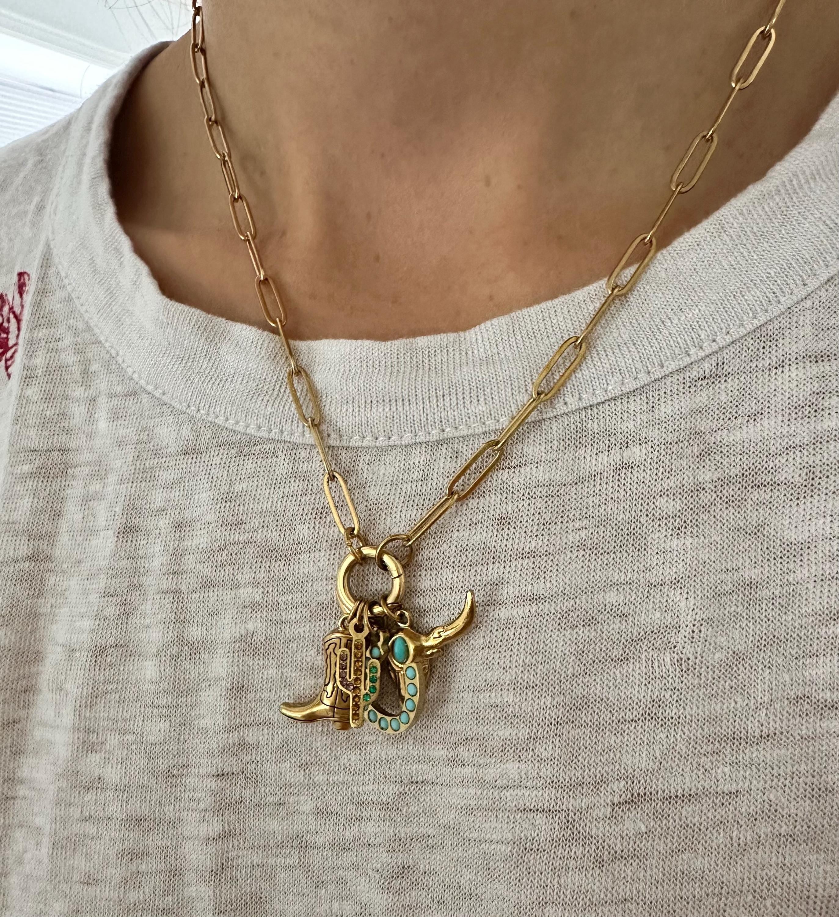 18k Gold Western Charms Paperclip Chain Necklace