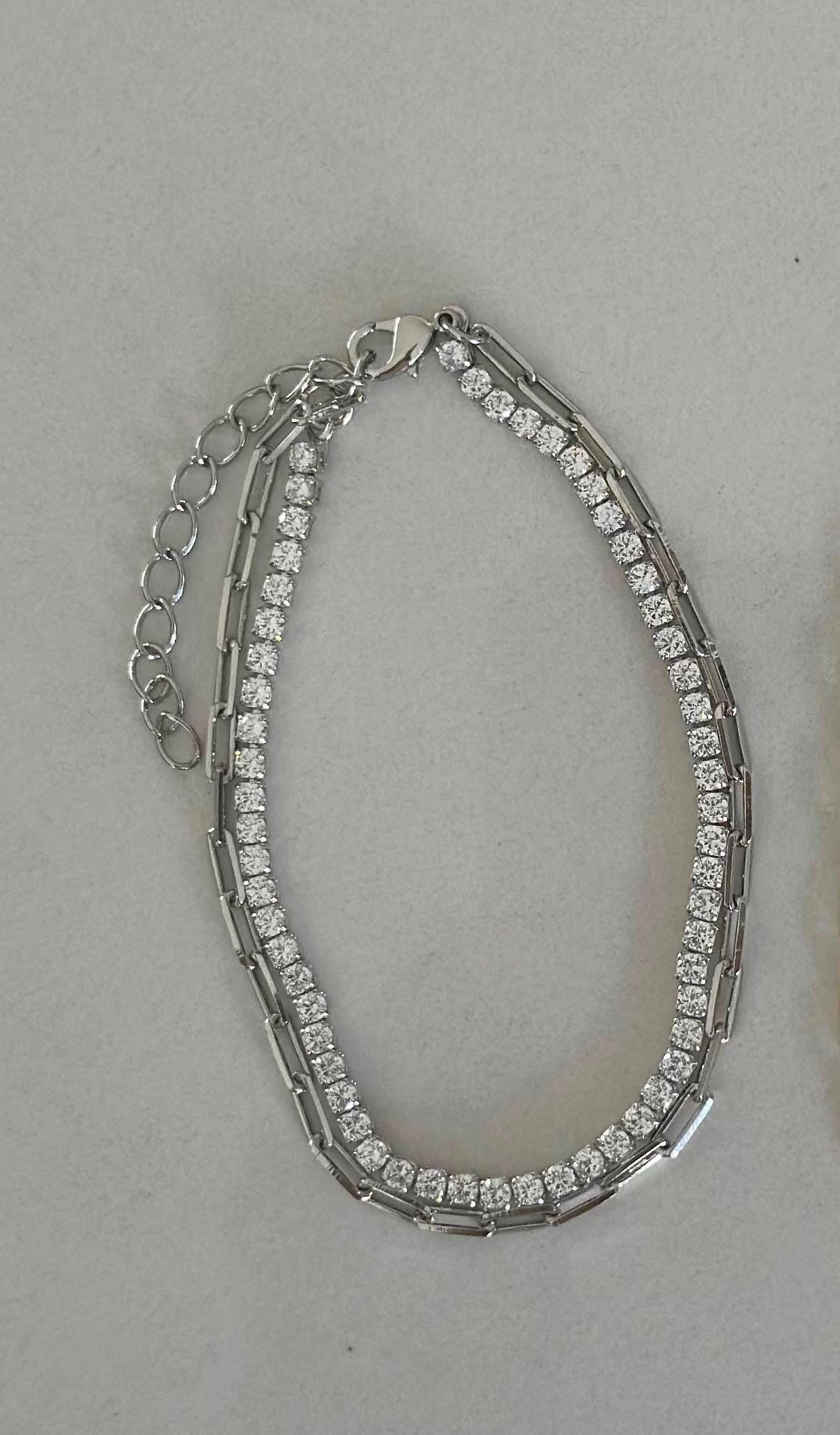 18k Rhodium Filled CZ Tennis Bracelet: Double Chain Layering Bracelet