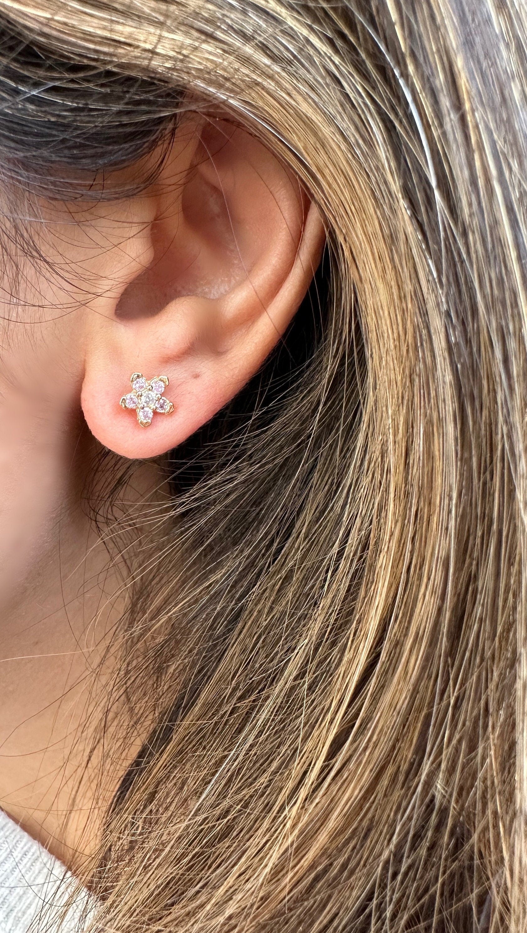 Pink Flower CZ Stud Earrings