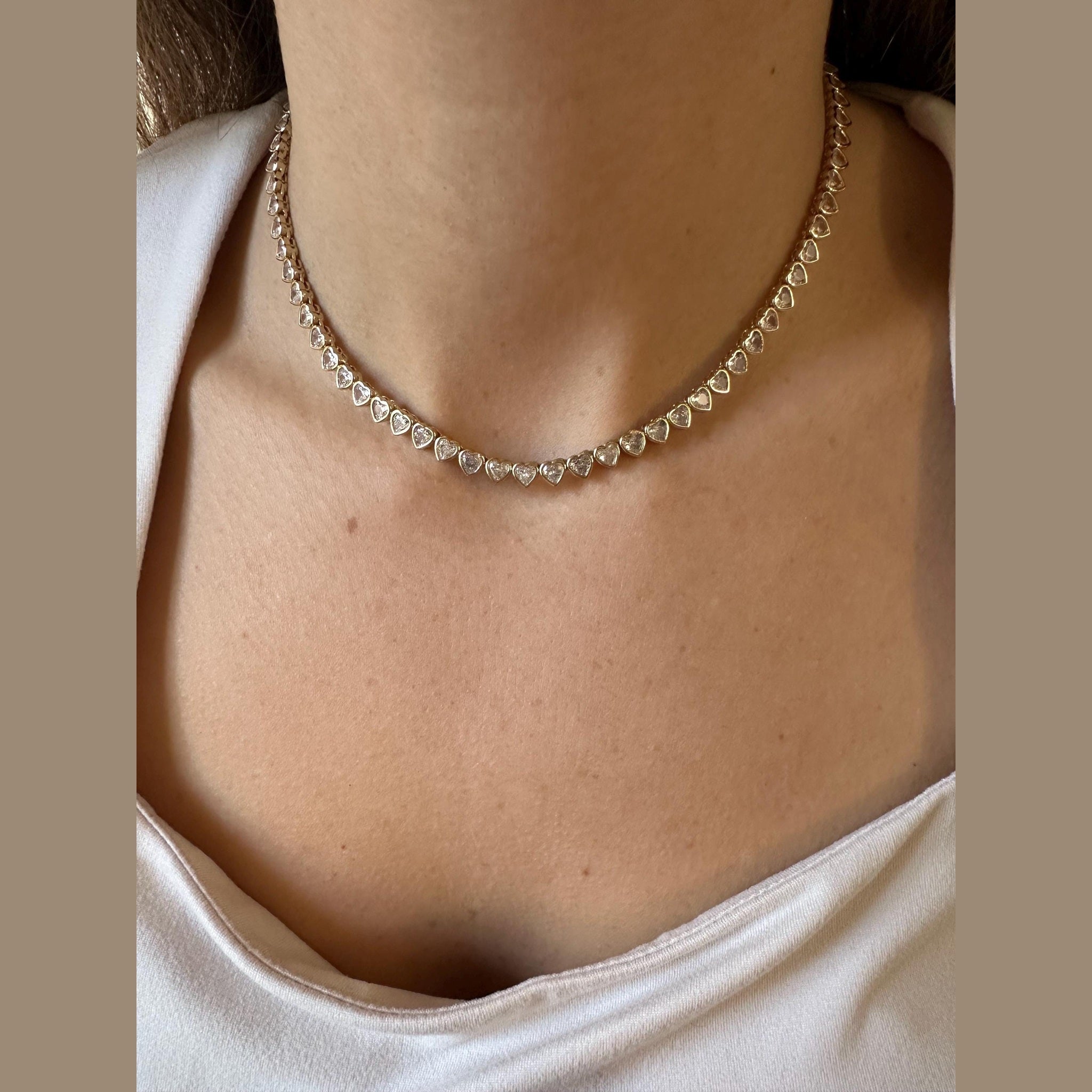 18k Gold Filled CZ Heart Tennis Choker Necklace Valentines Day