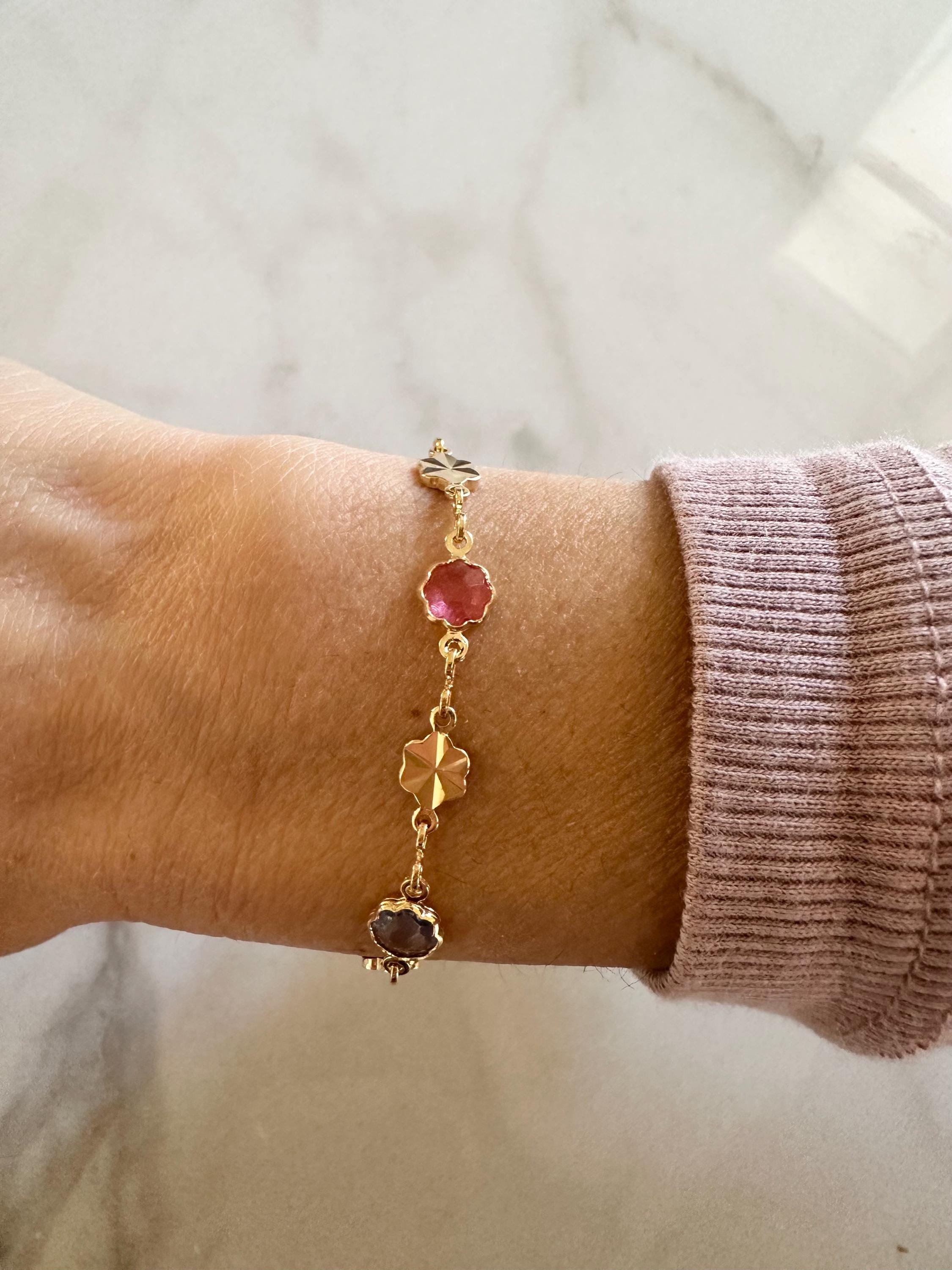 18k Gold Filled Flower Bracelet: Multicolored Cubic Zirconia, Dainty Chain