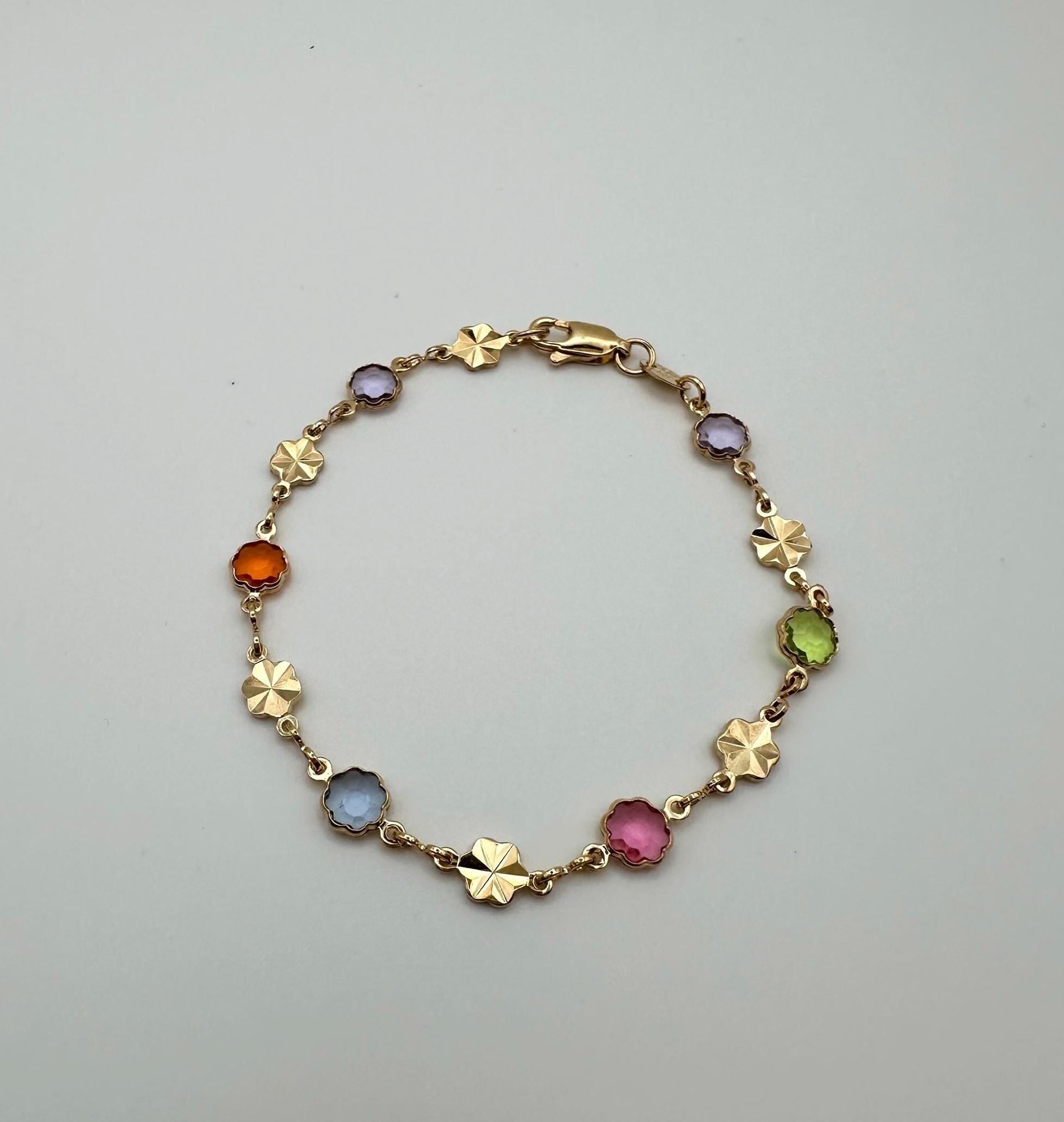 18k Gold Filled Flower Bracelet: Multicolored Cubic Zirconia, Dainty Chain