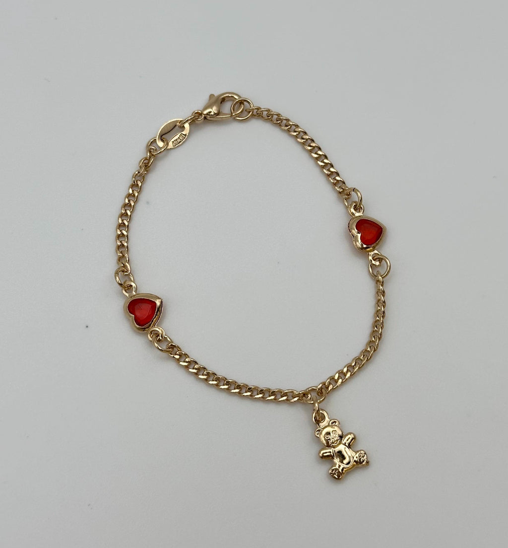 18k Gold Filled Heart and Teddy Bear Charm Bracelet: Kids jewelry Valentines Day