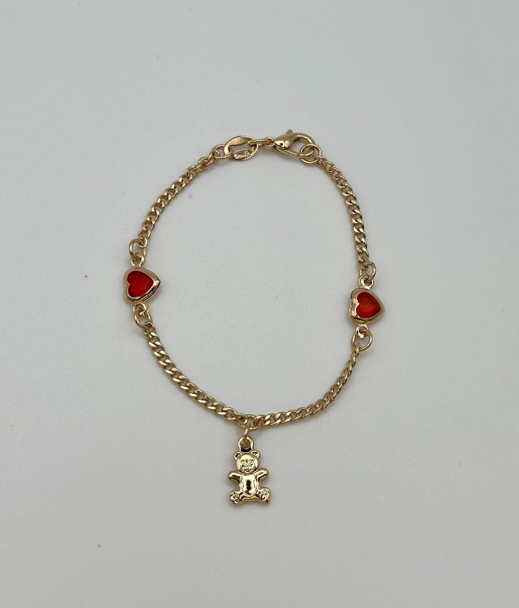 18k Gold Filled Heart and Teddy Bear Charm Bracelet: Kids jewelry Valentines Day