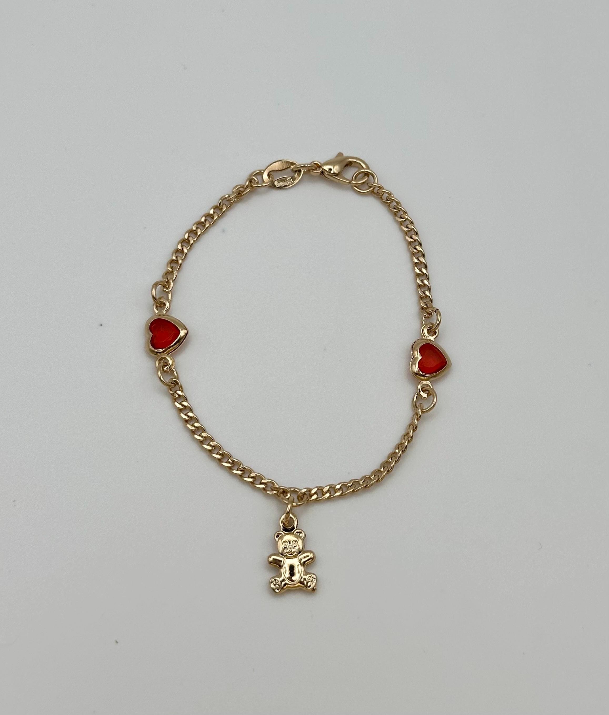 18k Gold Filled Heart and Teddy Bear Charm Bracelet: Kids jewelry Valentines Day