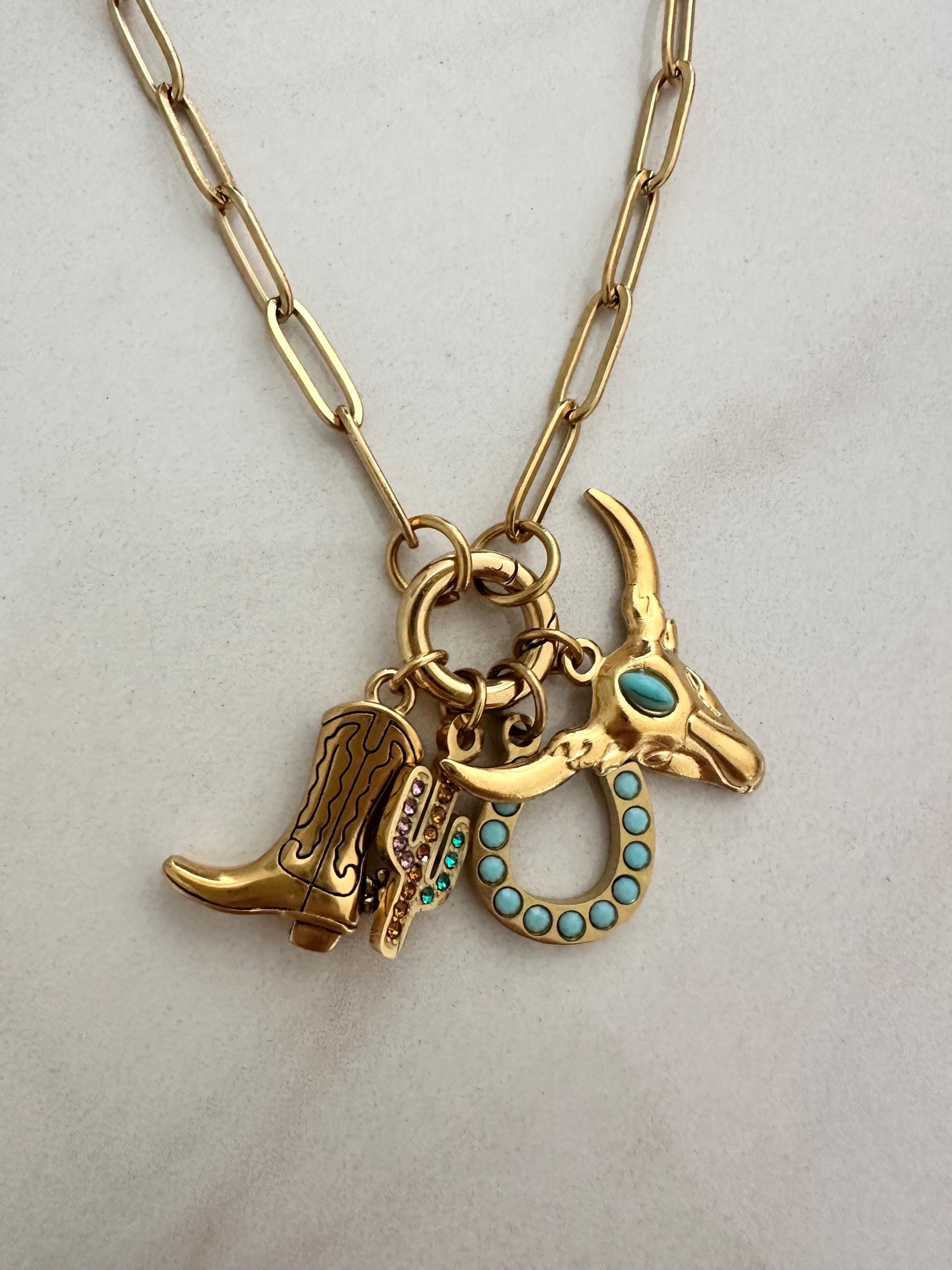 18k Gold Western Charms Paperclip Chain Necklace