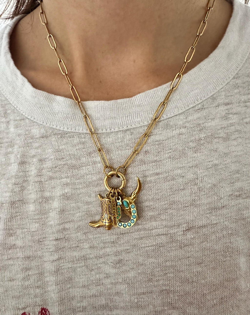 18k Gold Western Charms Paperclip Chain Necklace