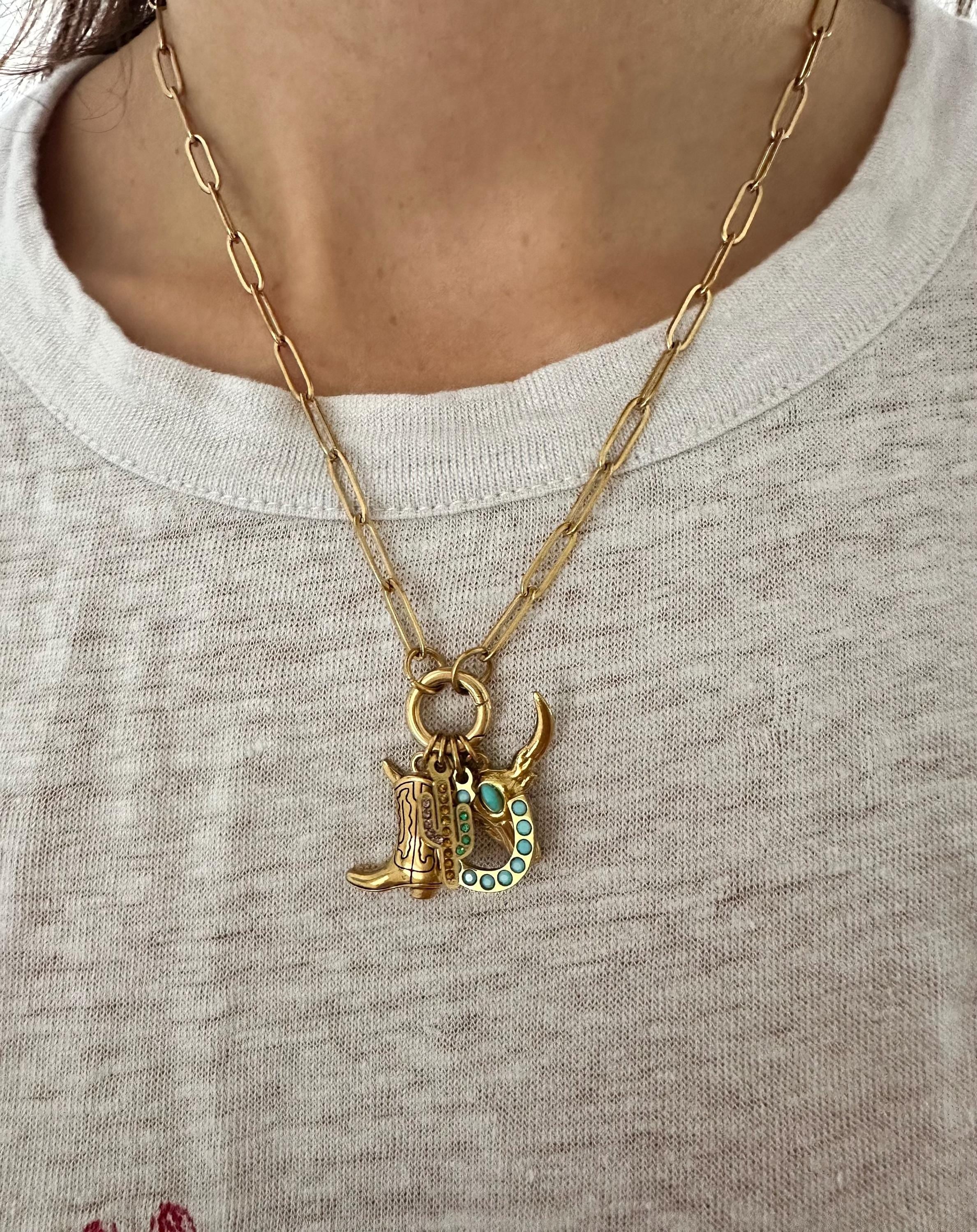 18k Gold Western Charms Paperclip Chain Necklace