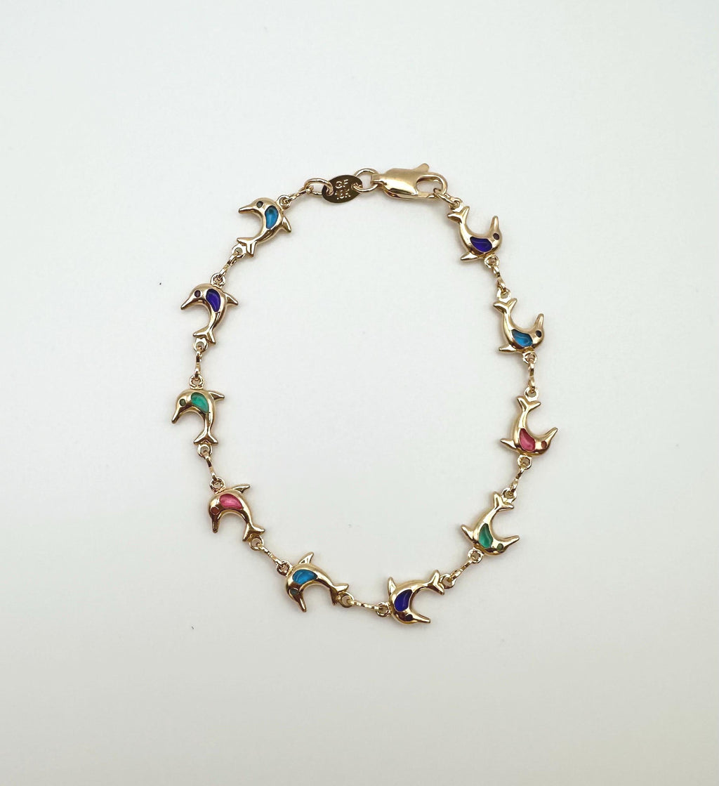 18k Gold Filled Dolphin Charm Bracelet: Multicolored Cubic Zirconia, Dainty Chain